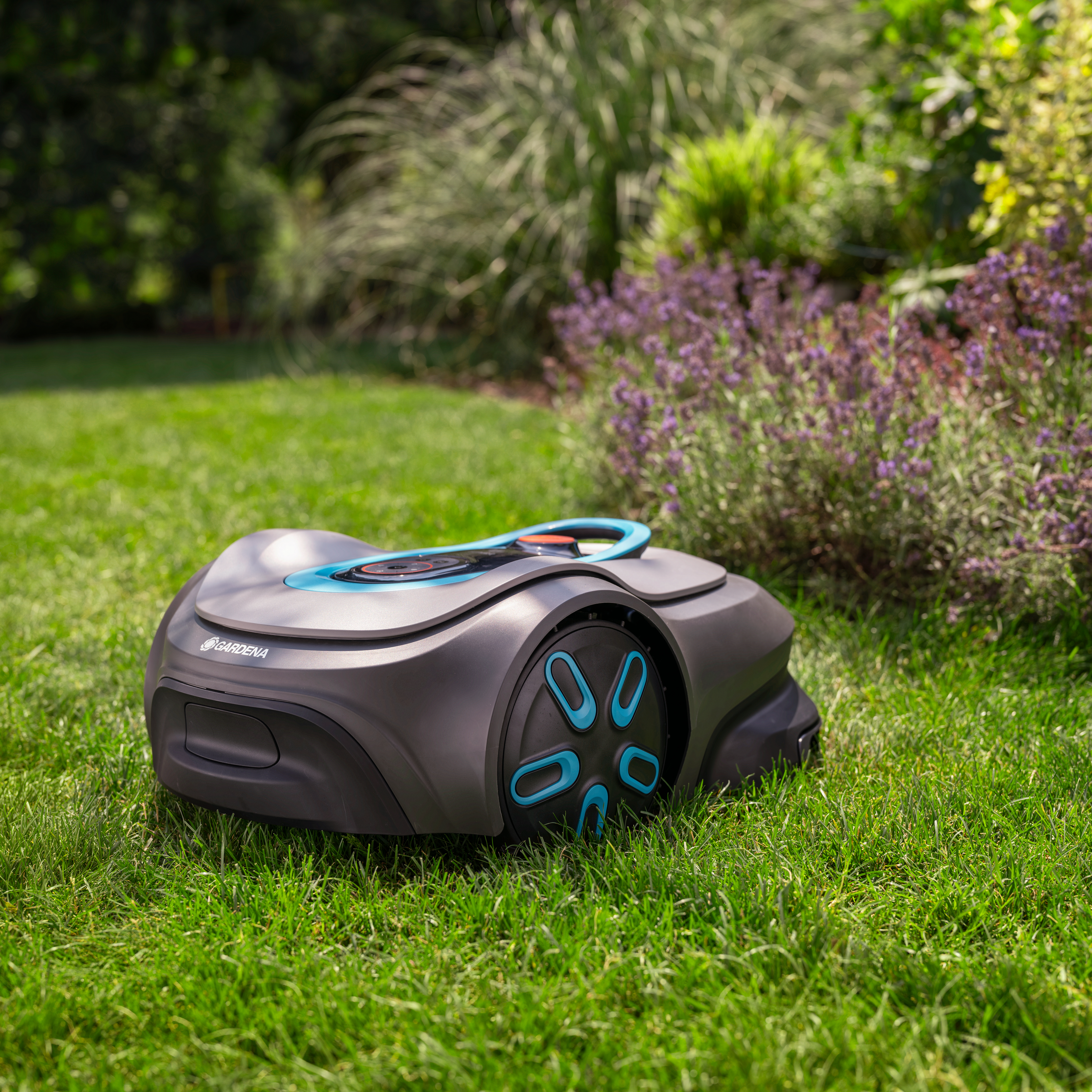 Ein Roboter-Rasenmäher auf grünem Gras in einem Garten.