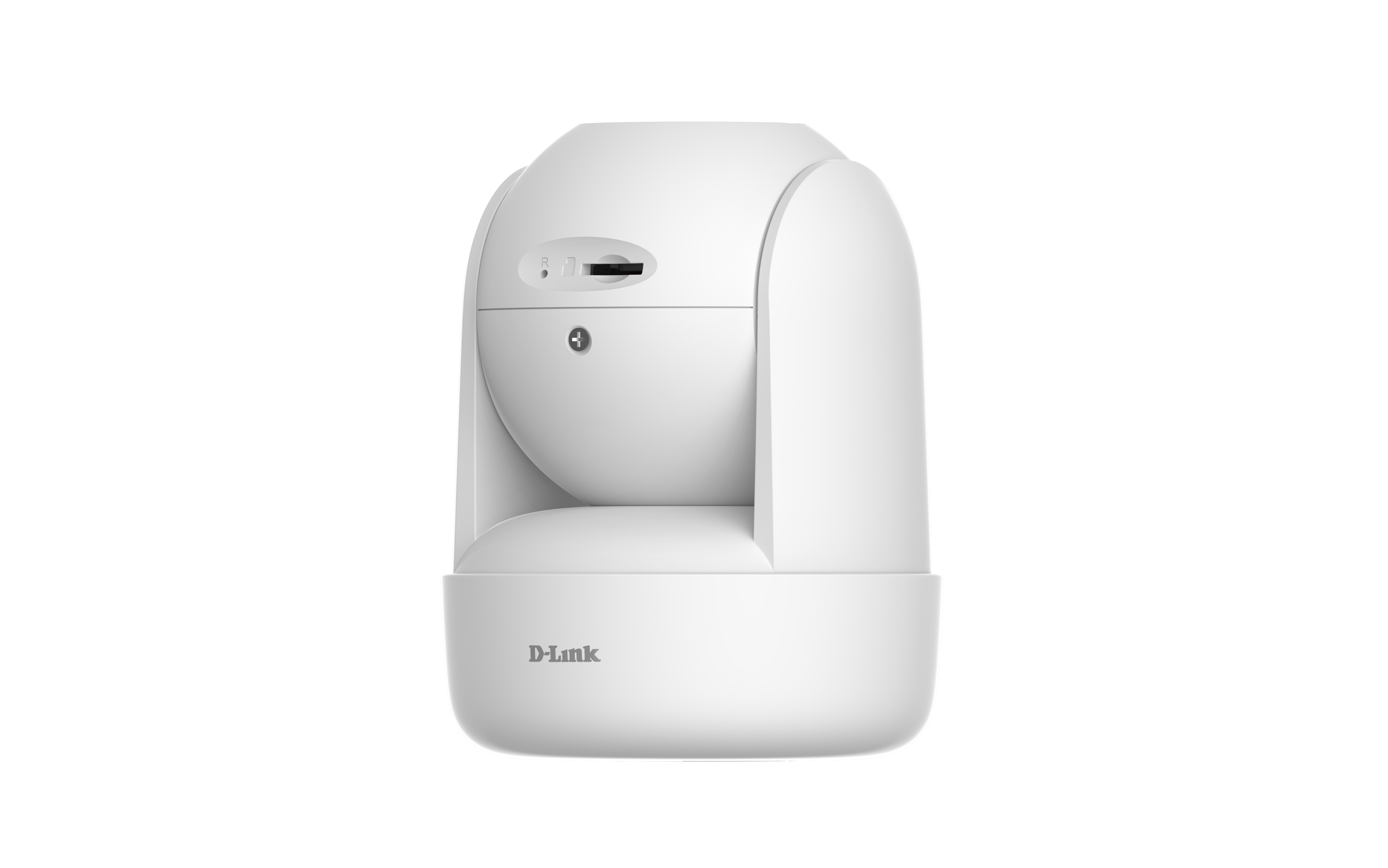 Weiße D-Link-Überwachungskamera auf weißem Hintergrund.