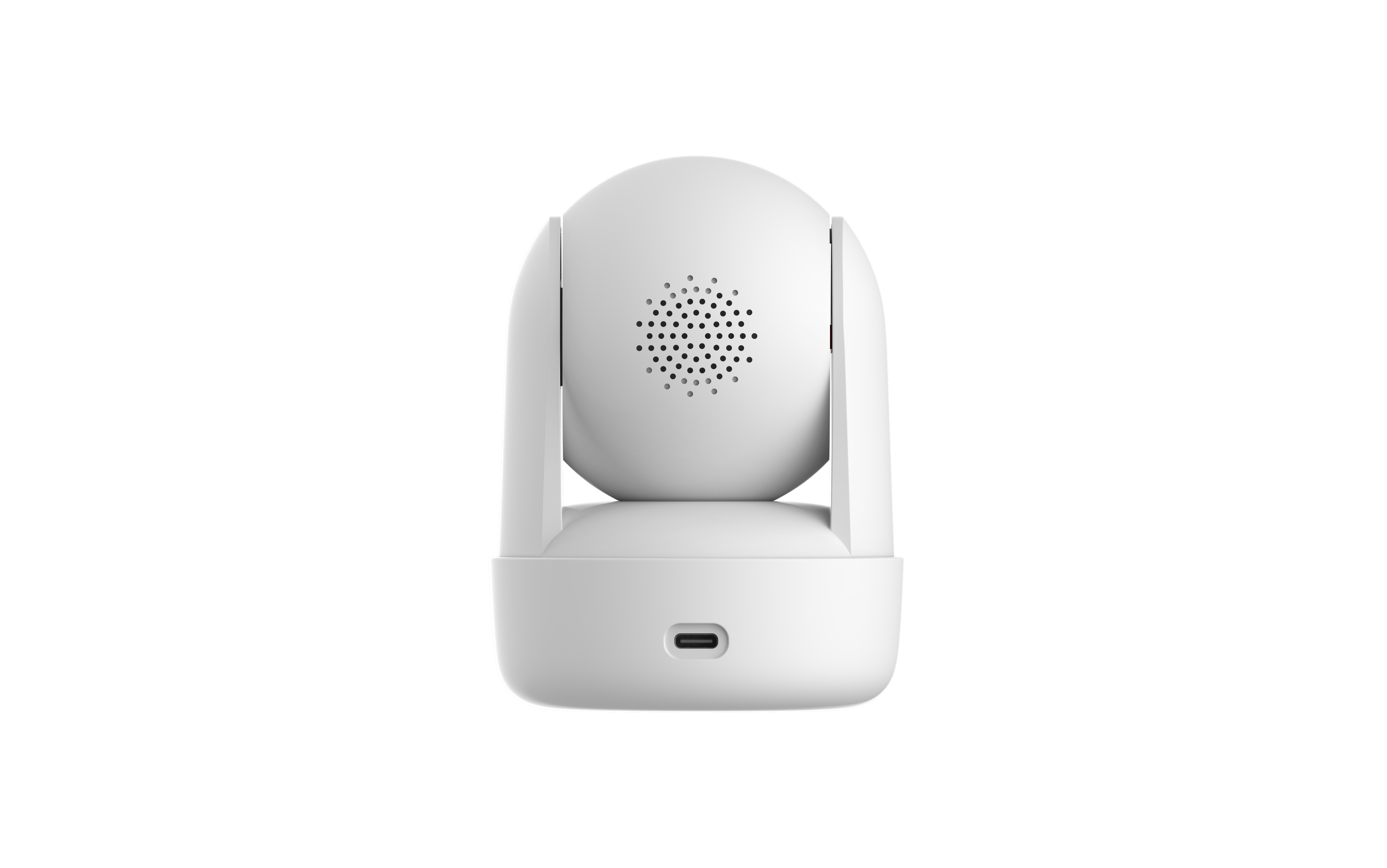 Weiße Überwachungskamera, Rückansicht, mit Lautsprecher und USB-C-Anschluss.