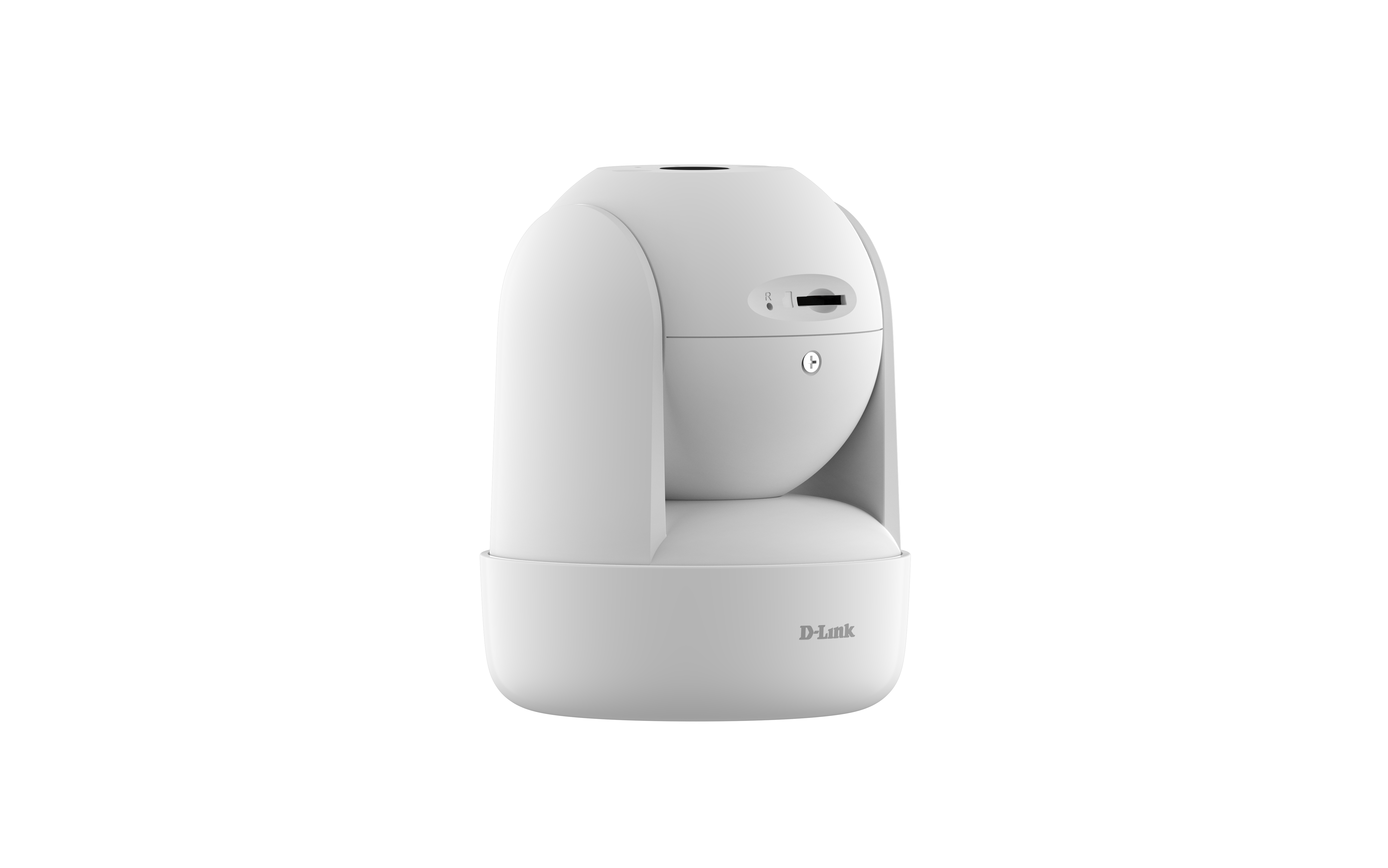 Eine weiße D-Link Überwachungskamera mit rundem Design, isoliert auf weißem Hintergrund.