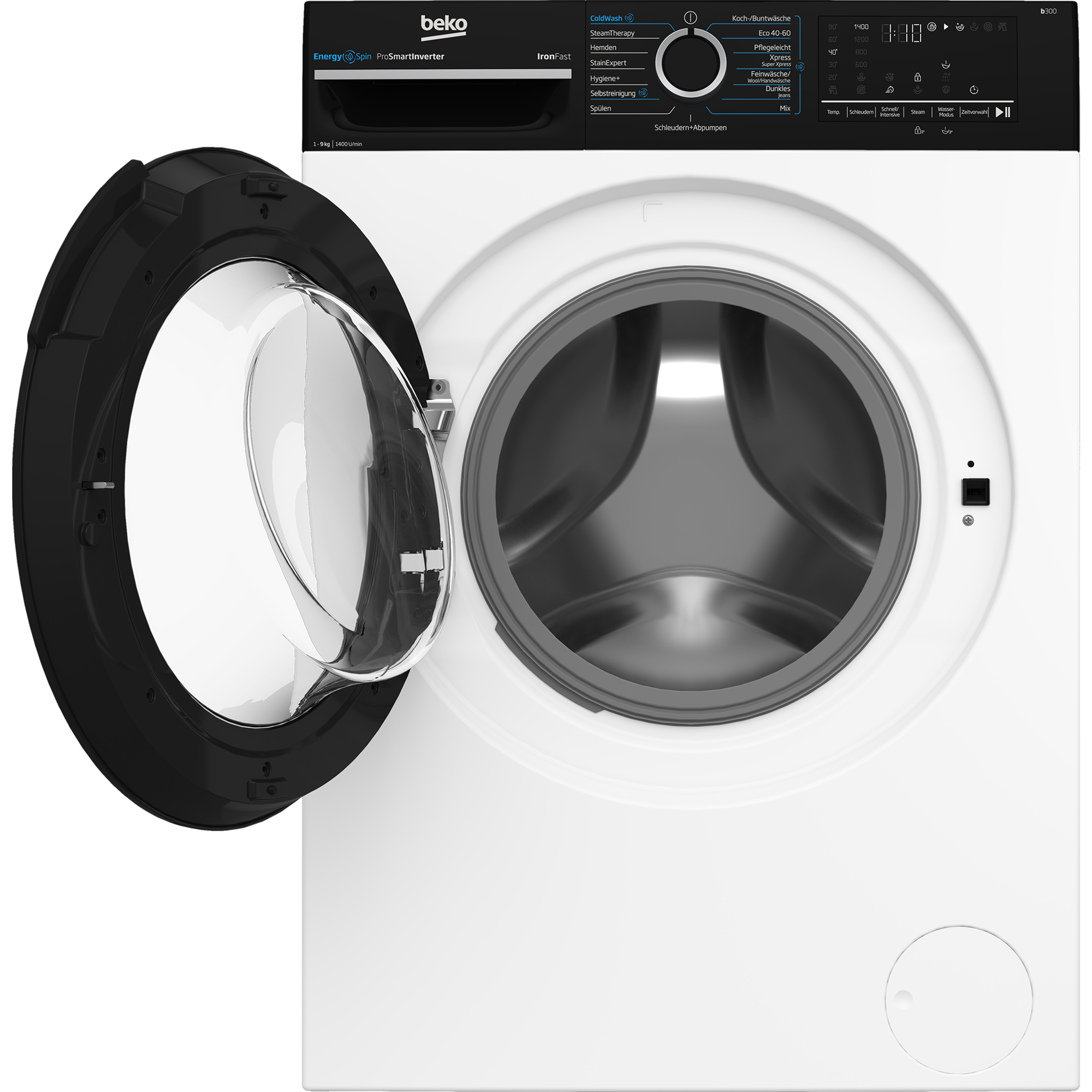 Eine weiße Waschmaschine mit offener Tür, die die Trommel zeigt.