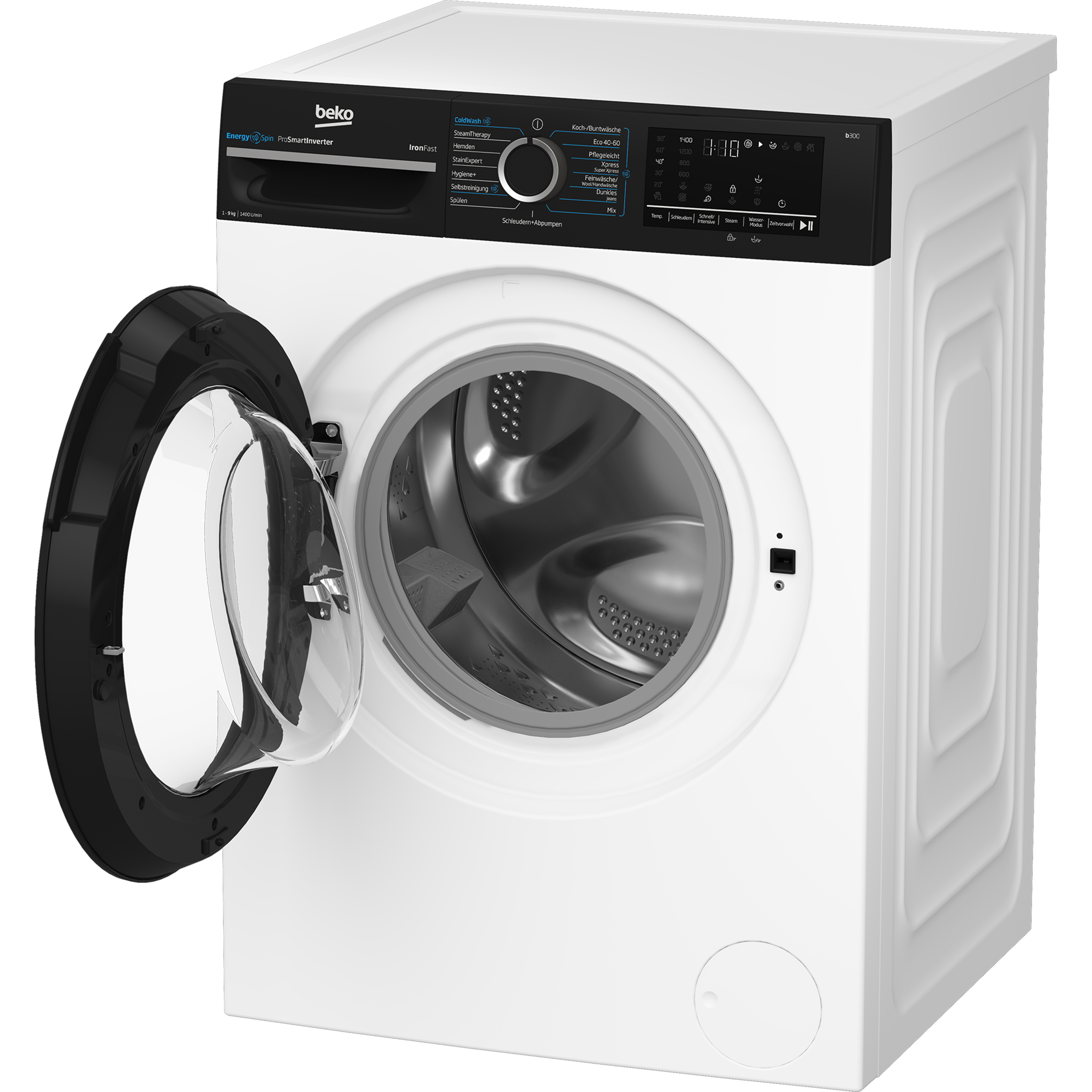 Eine weiße Beko Waschmaschine mit geöffneter Tür. Das Display ist sichtbar.