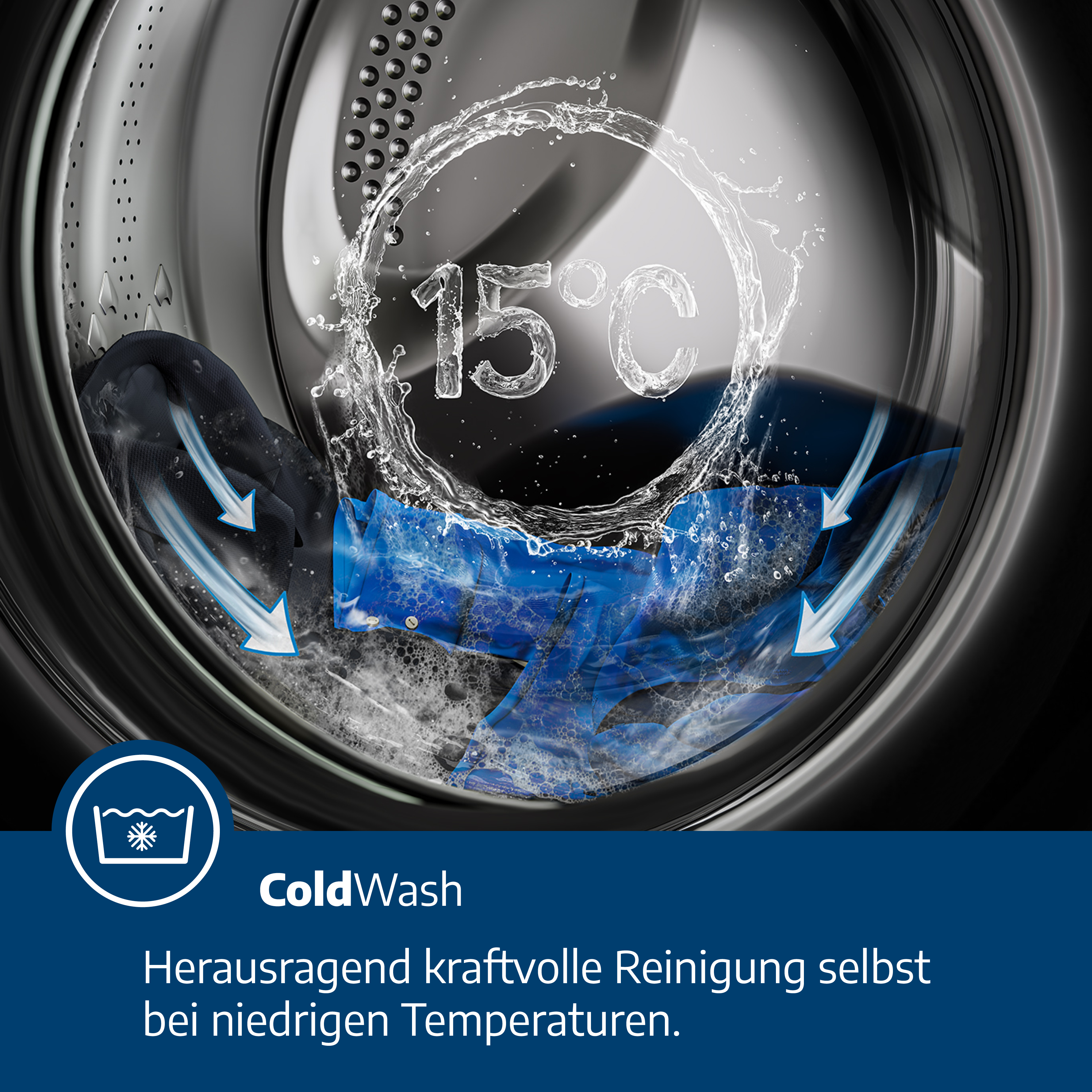 Waschmaschinentrommel mit blauer Kleidung, die gewaschen wird. Wasser- und Temperaturdetails sichtbar.