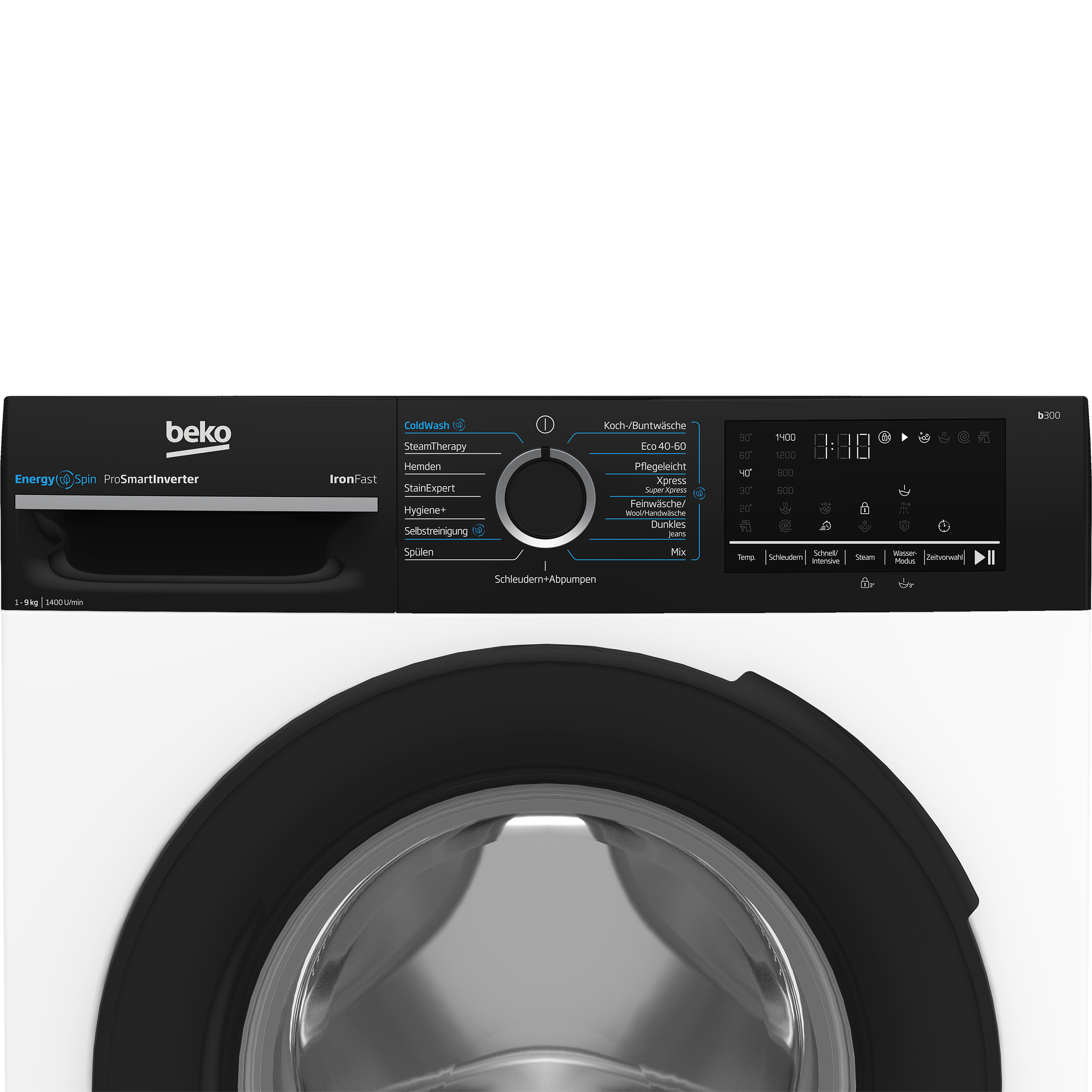 Schwarze Beko Waschmaschine mit schwarzer Tür und Bedienfeld, weißer Hintergrund.