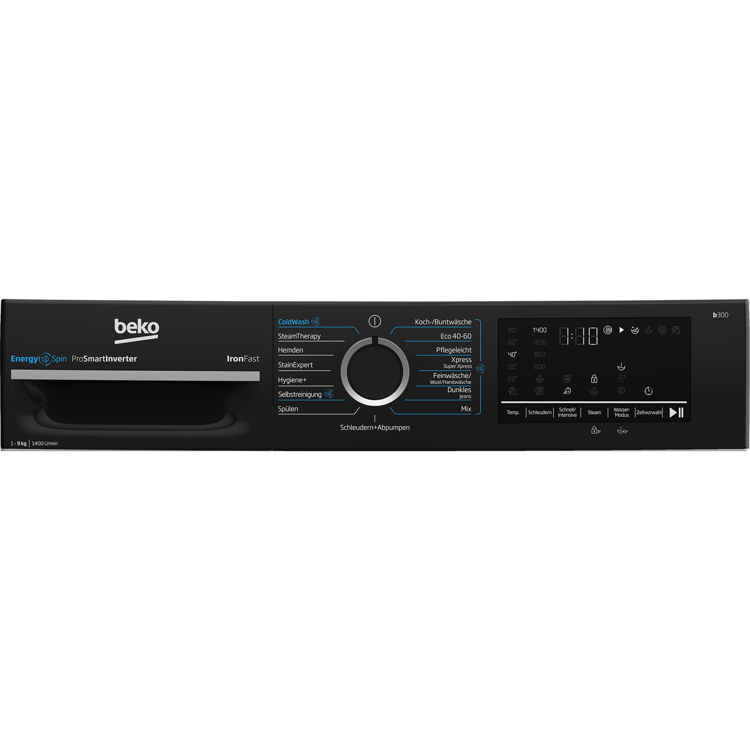 Schwarzes Waschmaschinen-Bedienfeld mit Programmen und Display. Marke Beko sichtbar.