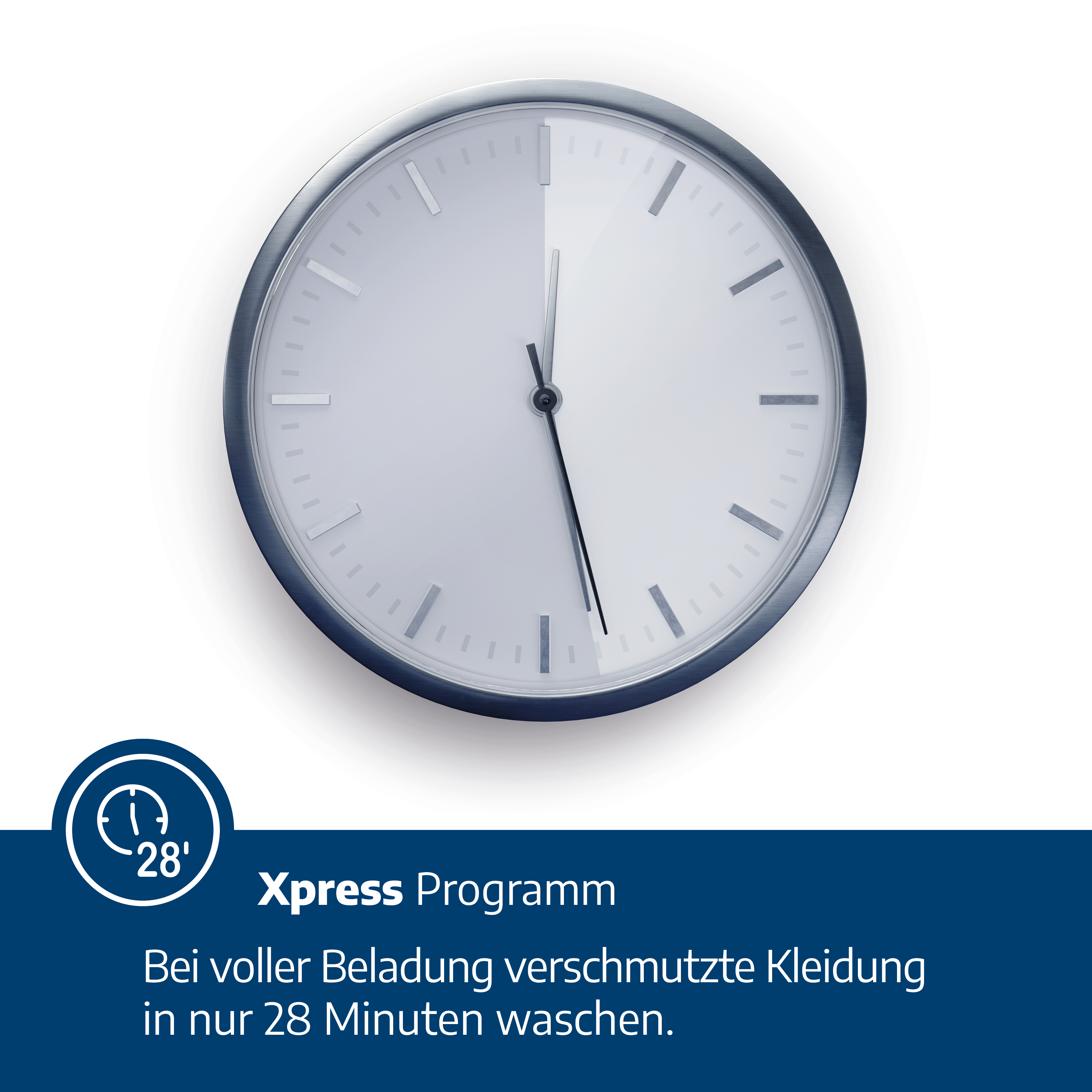 Eine Uhr, die 12:30 Uhr anzeigt. Darunter steht, dass das Waschen der Kleidung 28 Minuten dauert.