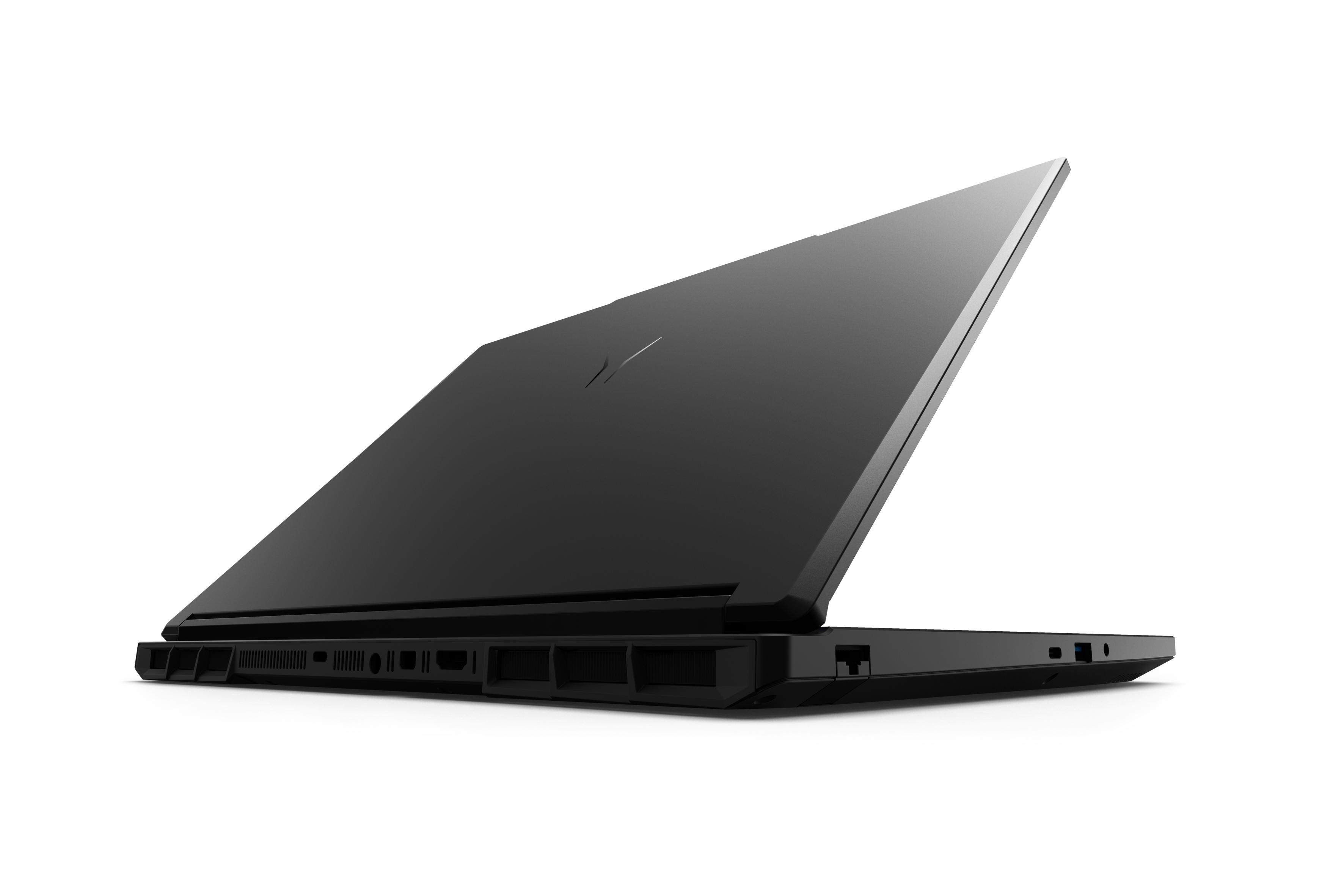 Schwarzer Laptop von der Seite mit teilweise geöffnetem Deckel.