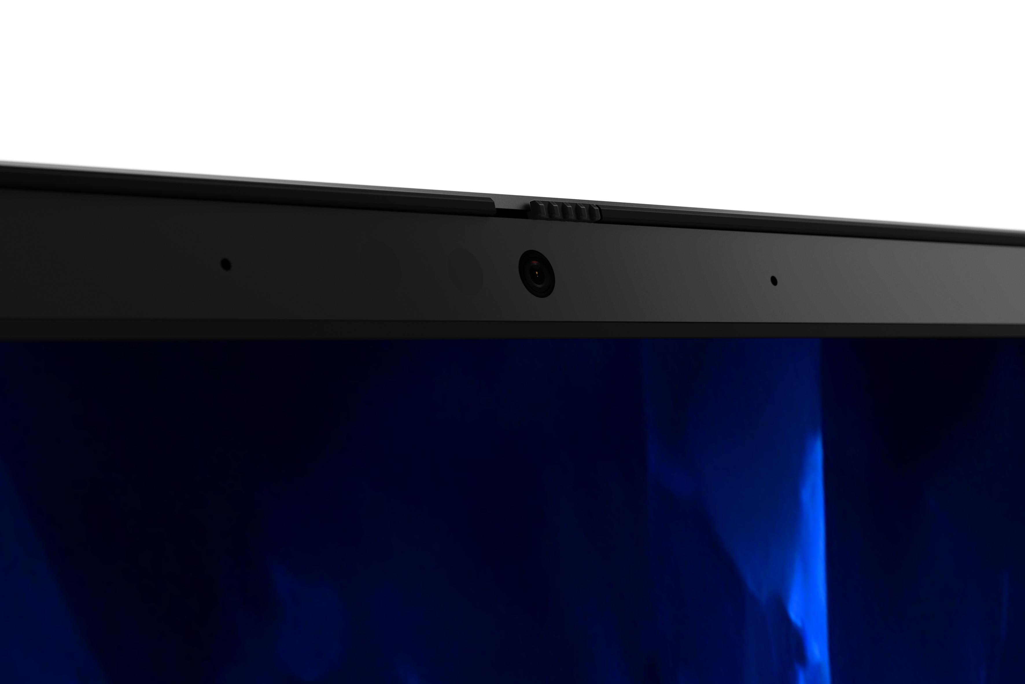 Nahaufnahme der Laptop-Kamera und des Mikrofon-Arrays auf der oberen Blende.