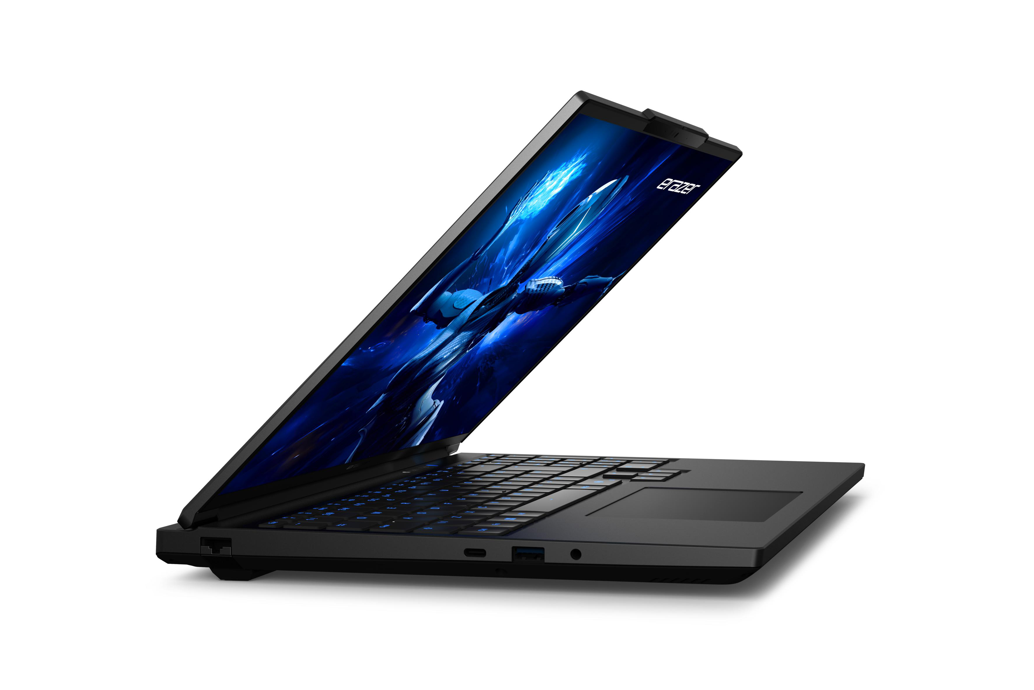 Schwarzer Laptop mit blau beleuchtetem Bildschirm, geöffnet auf weißem Hintergrund.