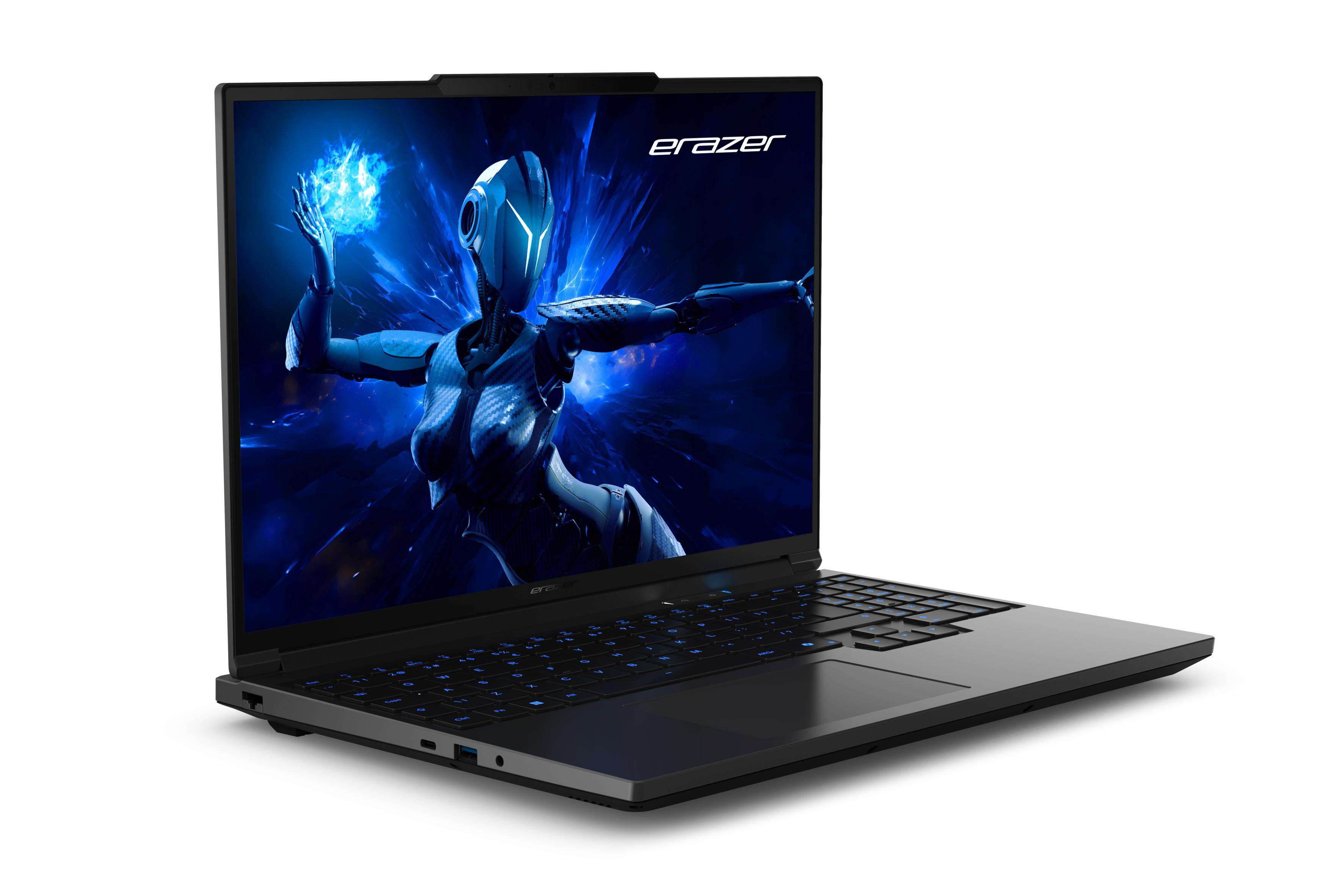 Laptop-Bildschirm zeigt ein futuristisches Bild einer Frau und eines Roboters. Schwarzer Laptop, Seitenansicht, modernes Design.
