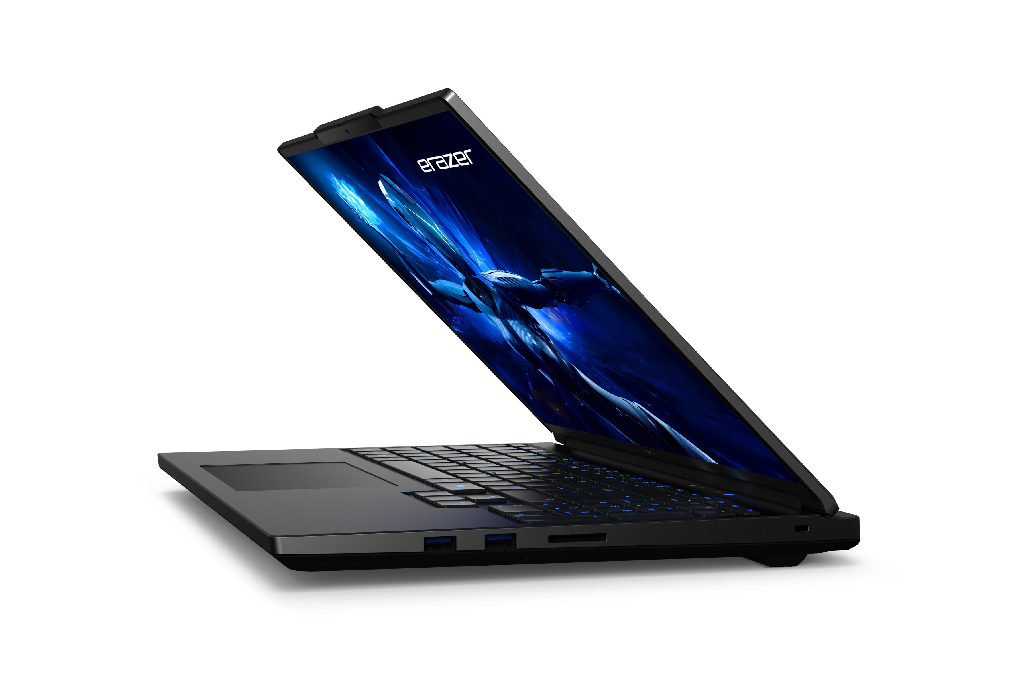 Schwarzer Laptop, offen, mit blauem, abstraktem Bild.