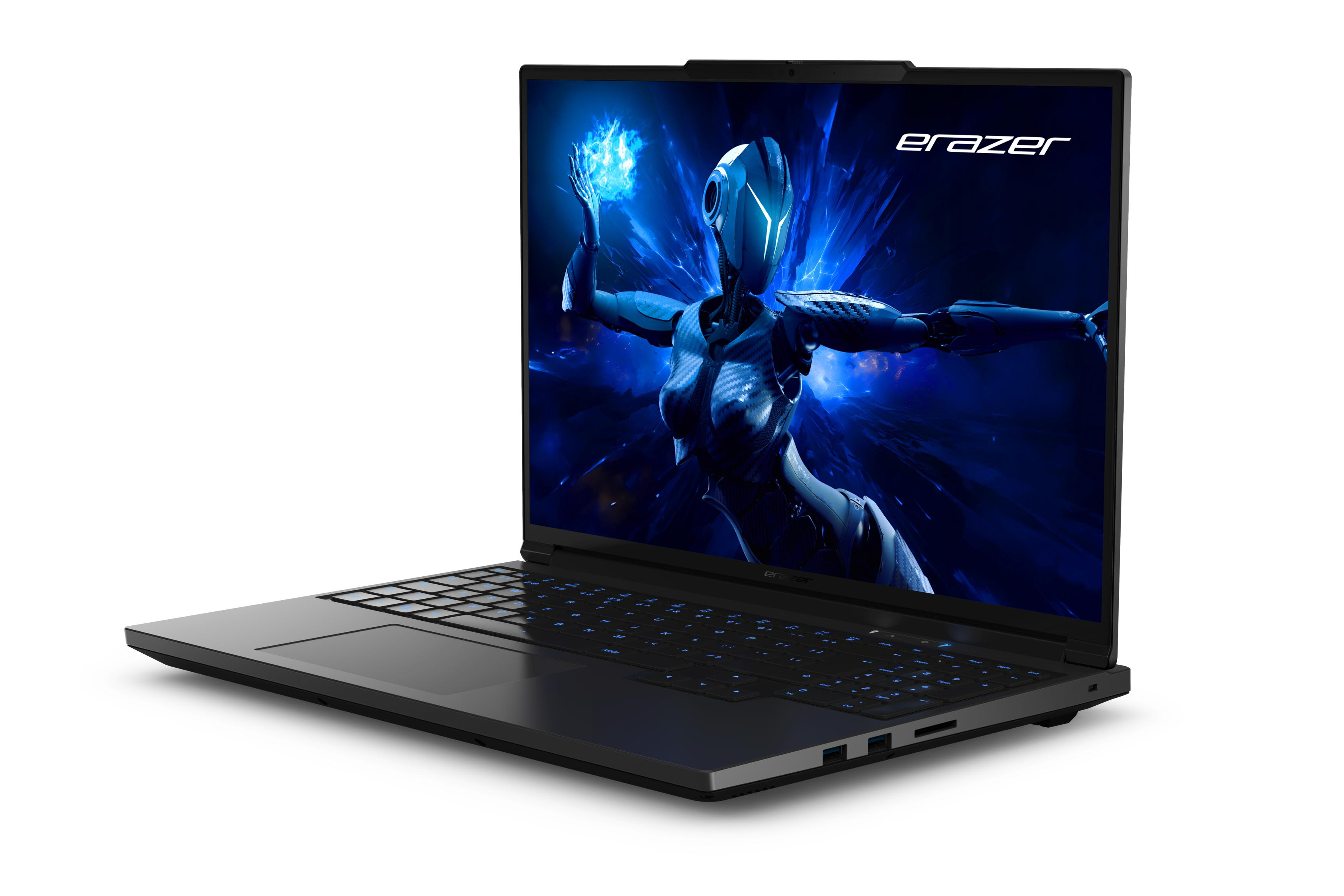 Schwarzer Laptop, der eine futuristische Grafik auf weißem Hintergrund anzeigt.
