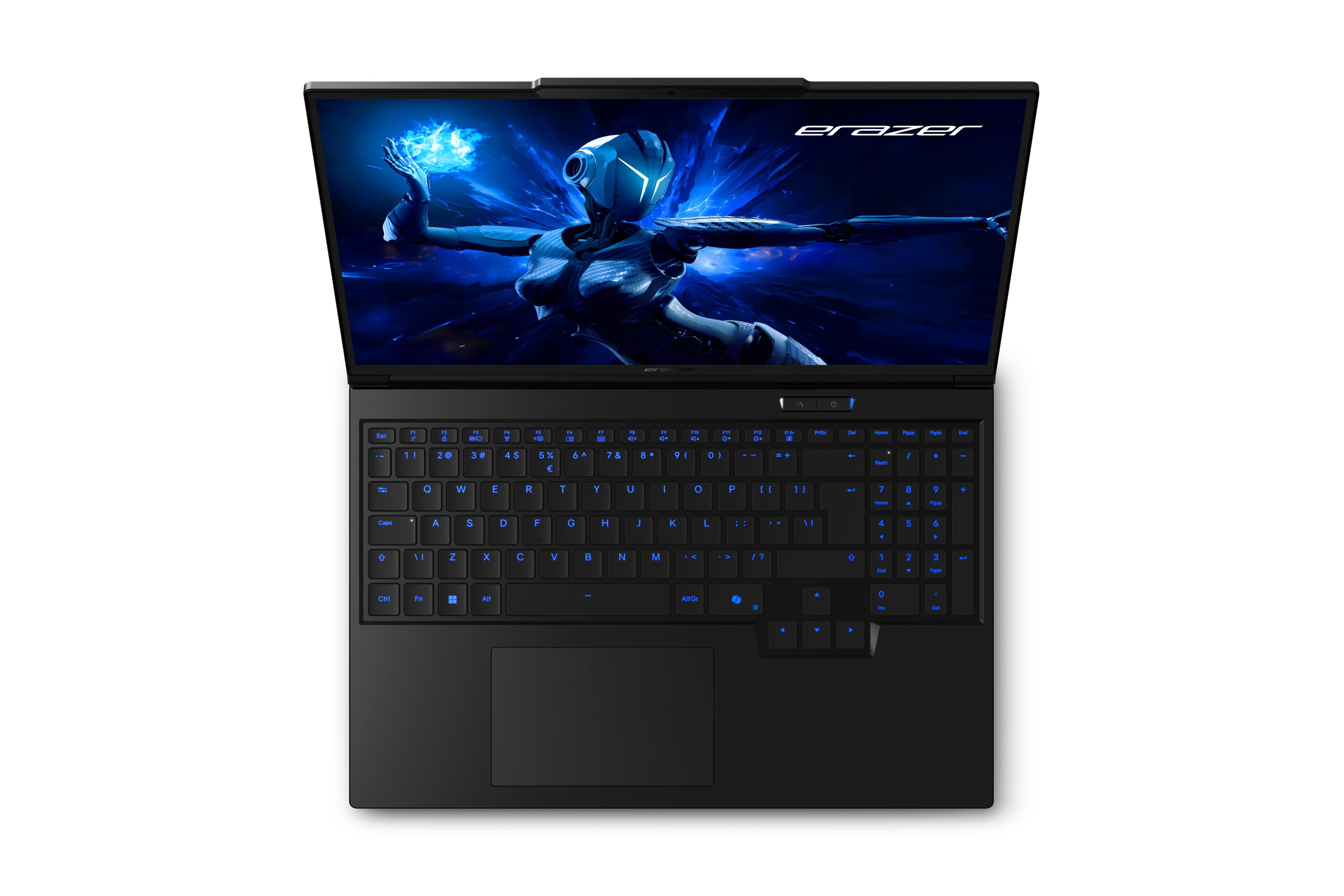 Ein schwarzer Laptop mit blau beleuchteten Tasten und einem Bildschirm, der eine futuristische Spielszene zeigt.