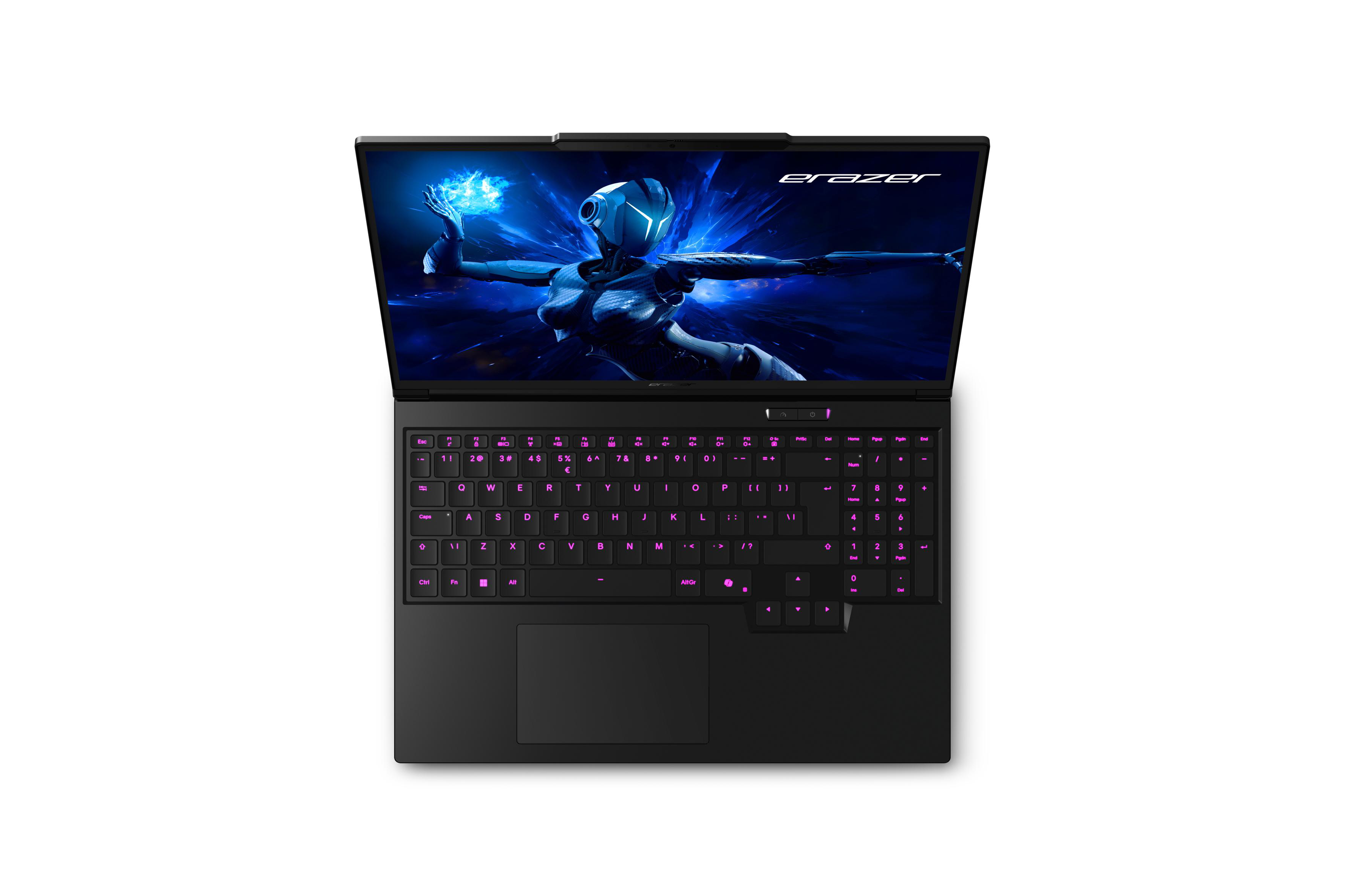 Draufsicht auf einen schwarzen Laptop mit pinkfarben beleuchteter Tastatur, zeigt futuristisches Bild.