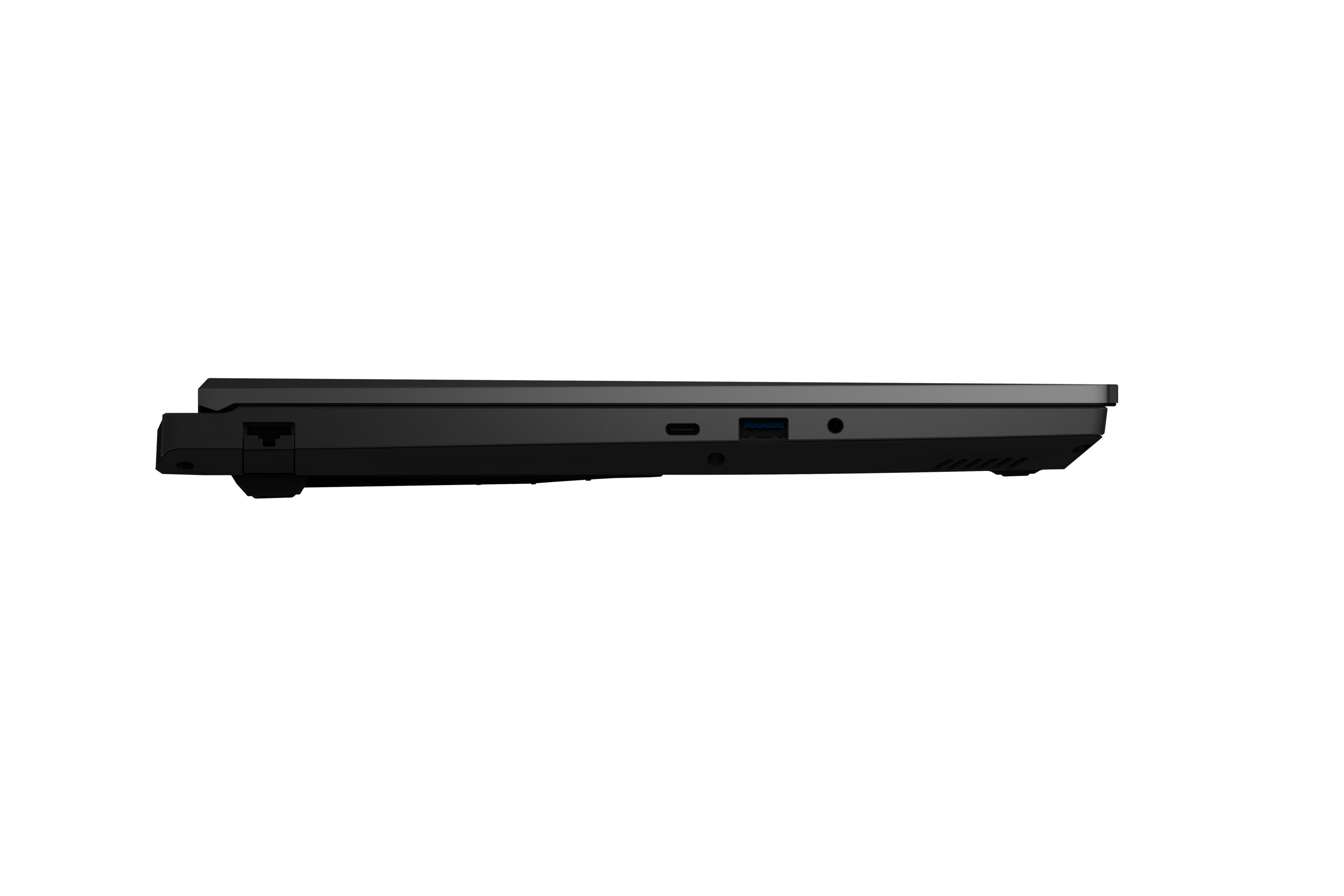 Seitenansicht eines schwarzen Laptops. Zeigt Anschlüsse auf der rechten Seite. Weißer Hintergrund.