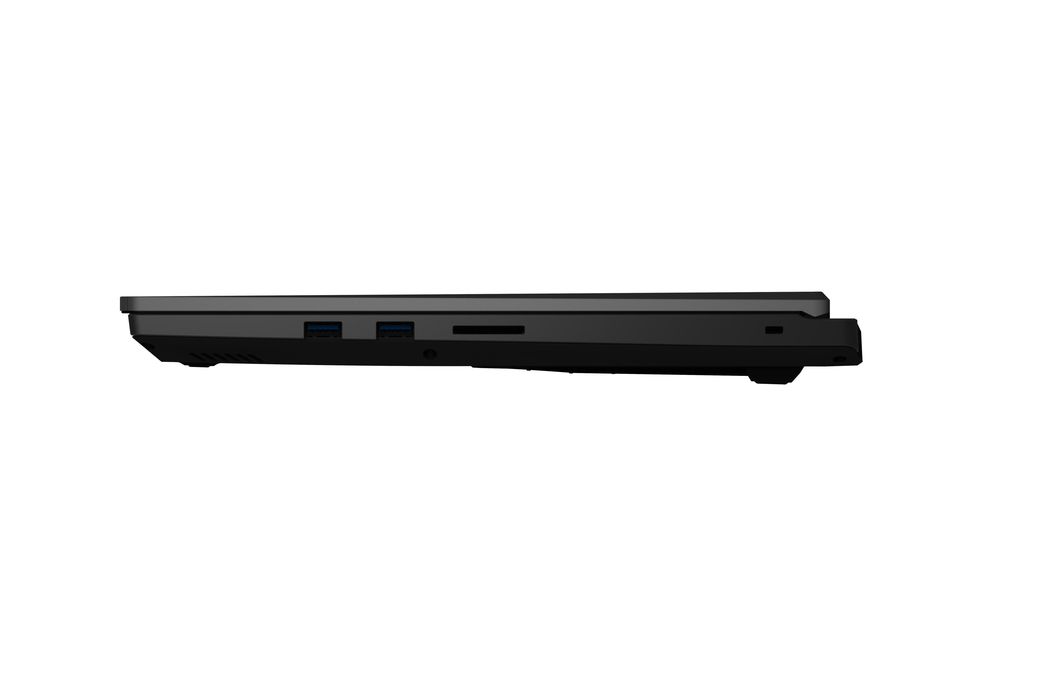 Seitenansicht eines schwarzen Laptops. Anschlüsse sind sichtbar. Der Laptop ist geschlossen.