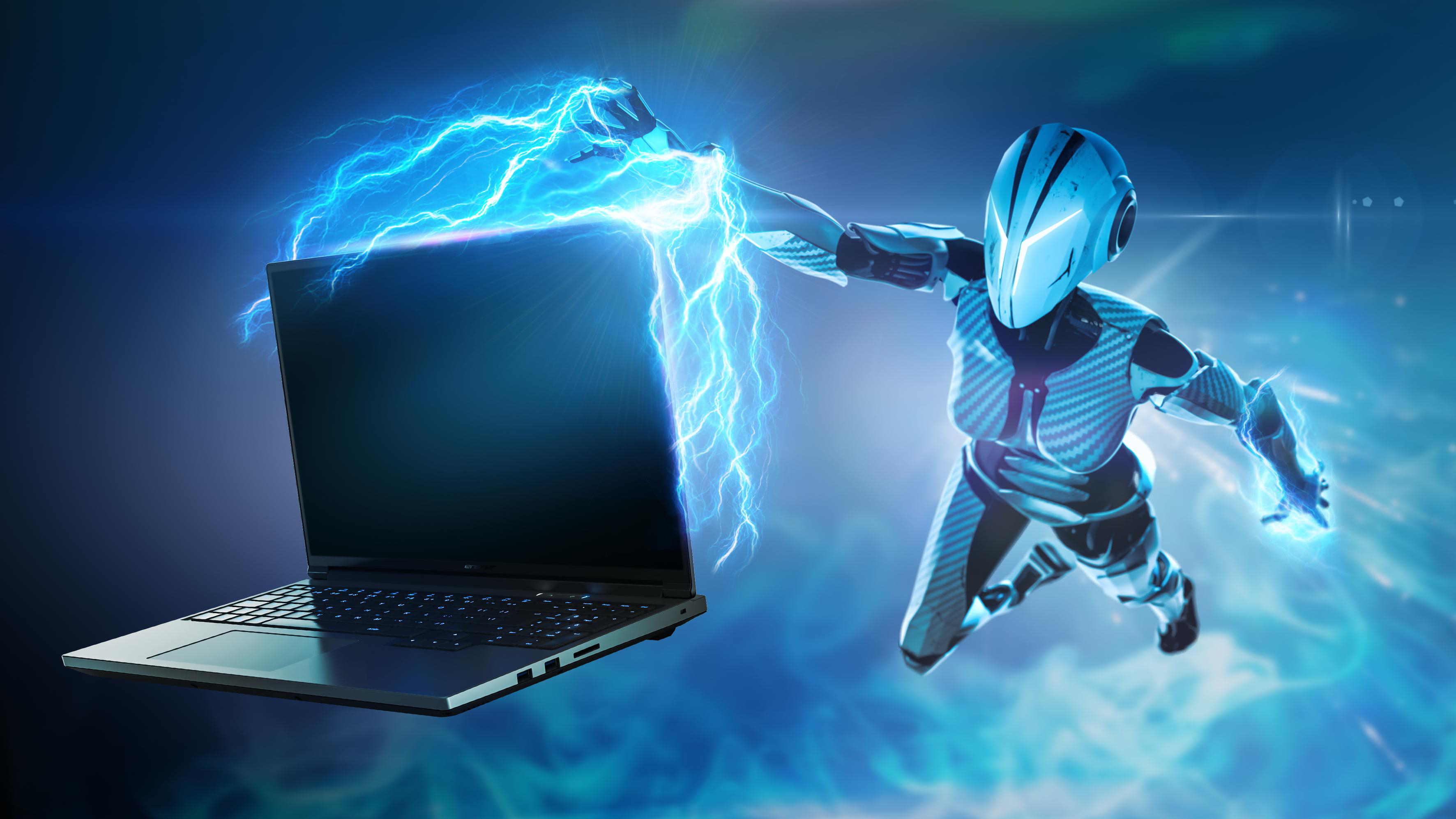 Roboter mit Blitzen kurz davor, den Laptop zu treffen. Blauer und schwarzer Hintergrund.