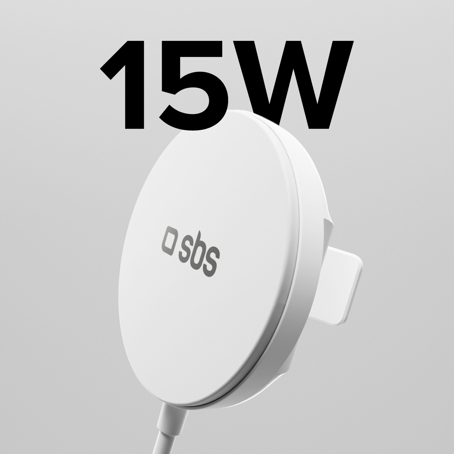 Een witte SBS draadloze oplader met 15W tekst en een lichte achtergrond.