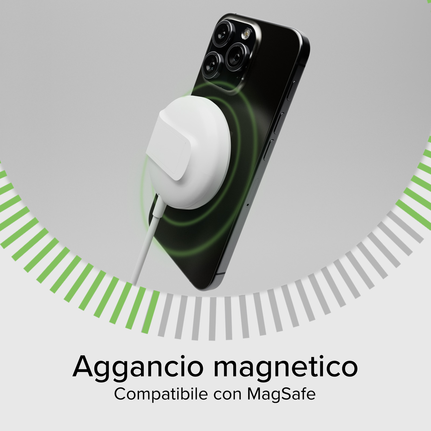 Zwarte telefoon met witte magnetische oplader. Groene lijnen suggereren draadloos opladen. Tekst: Magnetische bevestiging, compatibel met MagSafe.