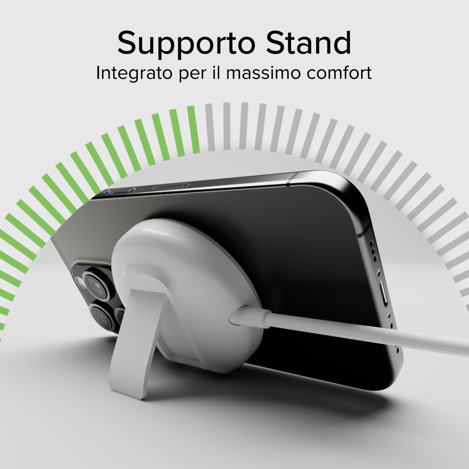Een zwarte telefoon staat op een witte standaard. De standaard heeft een groen en grijs ontwerp.
