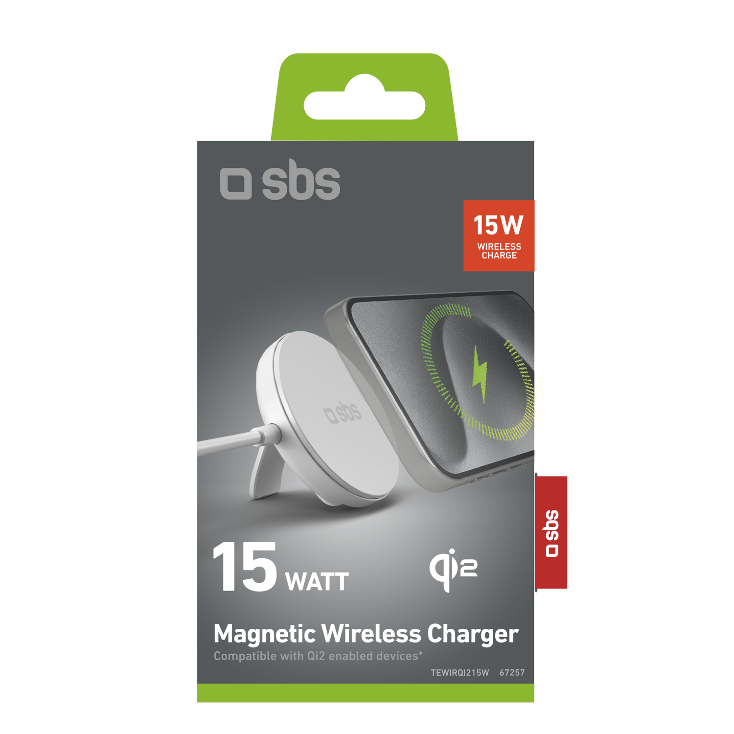 SBS draadloze opladerdoos, witte oplader en grijs oplaadpad.