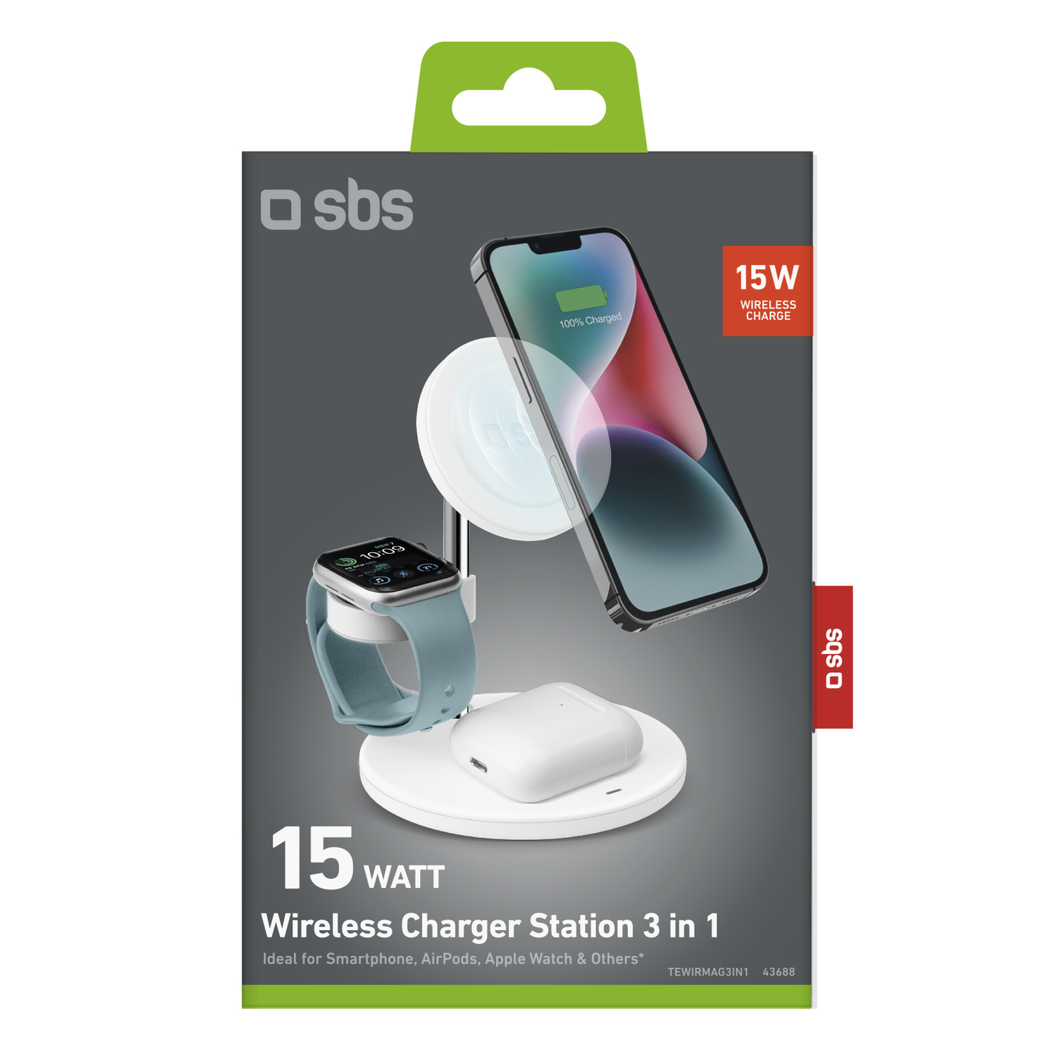 Draadloze opladerdoos met telefoon, horloge en oordopjes. Witte oplader en doos. 15W getoond.