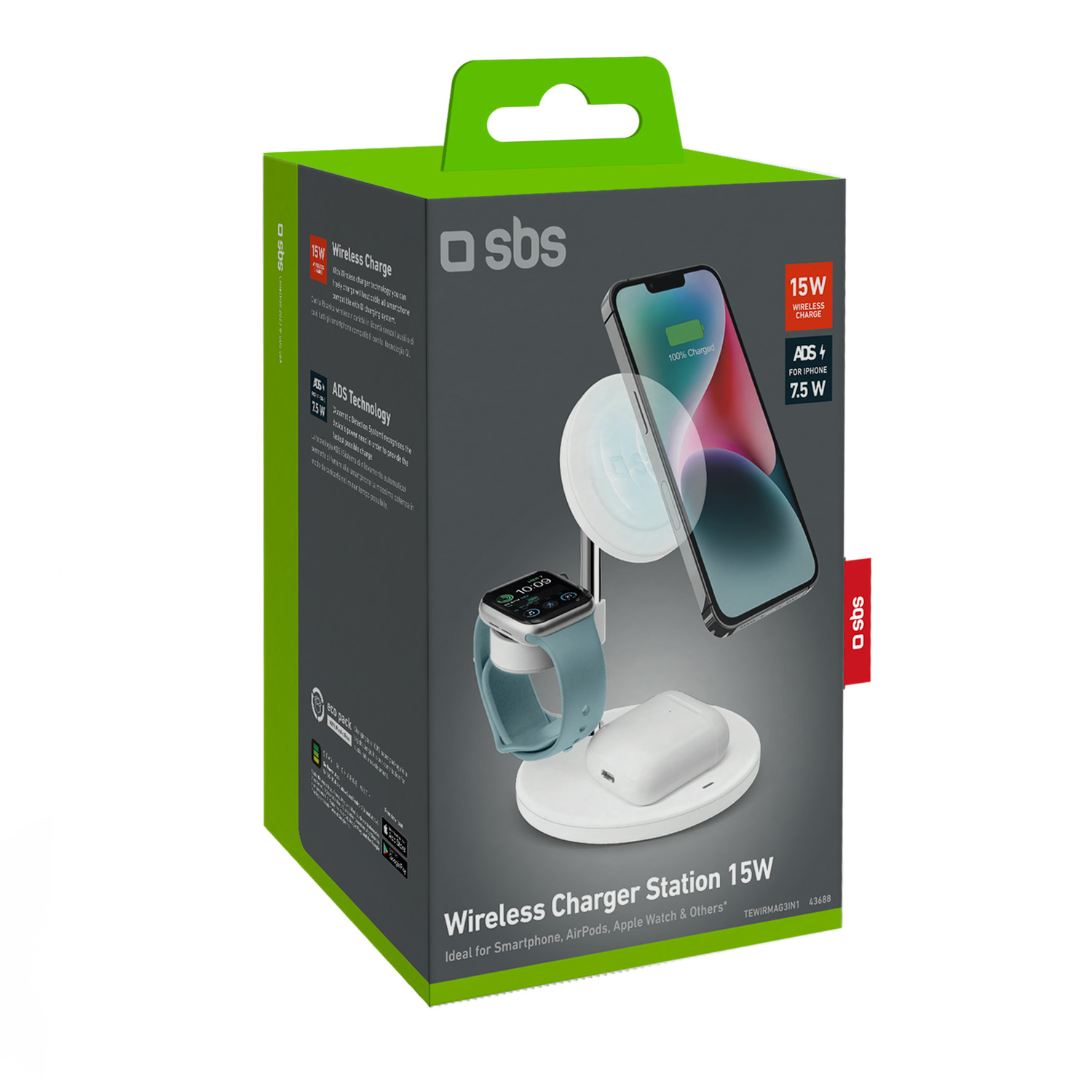 Draadloos oplaadstation in doos met telefoon en horloge. Groene accenten op de doos.