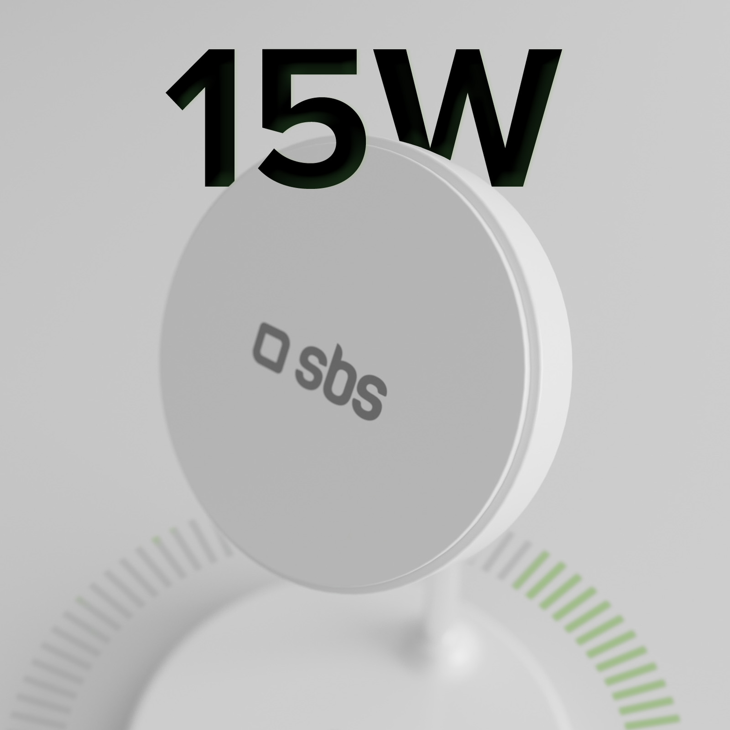 Een witte draadloze oplaadpad met de tekst '15W'. De pad heeft een cirkelvormig ontwerp met groene accenten.