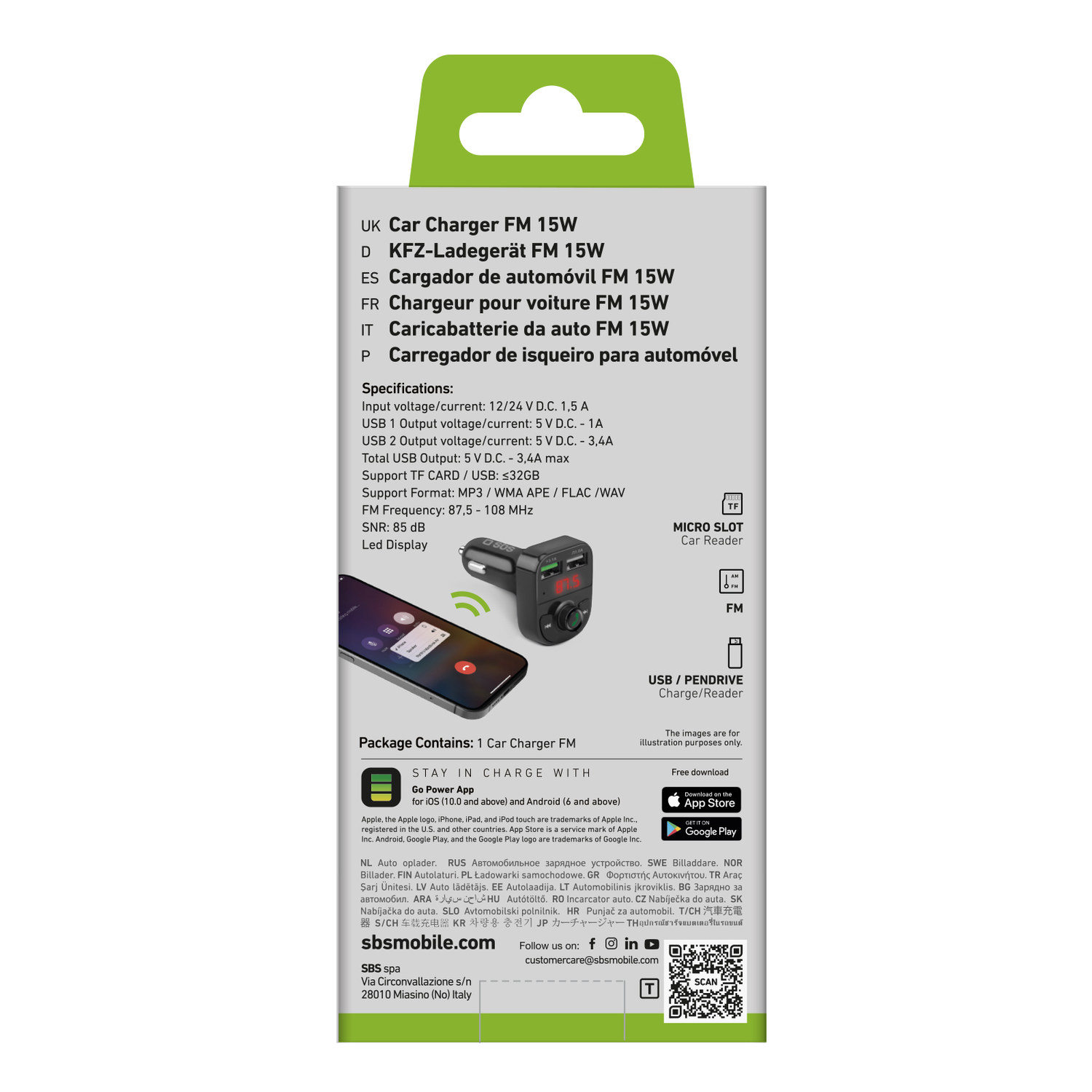 Emballage du chargeur de voiture FM avec spécifications. L'appareil noir et l'écran du téléphone sont affichés.