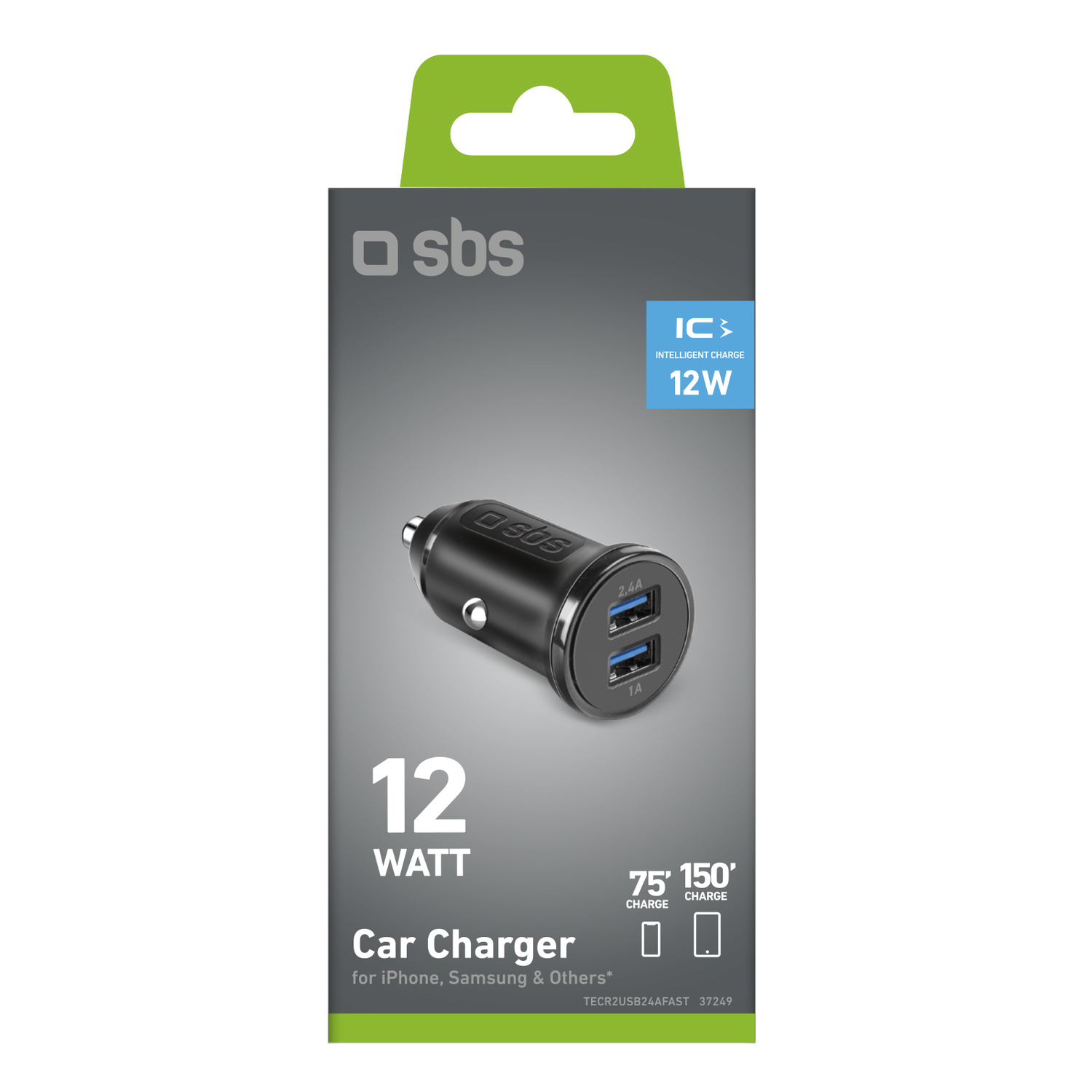 A black car charger with two USB ports, in a box. It is a 12 Watt Car Charger for iPhone and others.