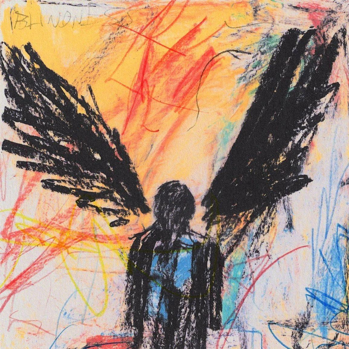 Abstrakte Kunst mit einer Person mit schwarzen Flügeln und bunten Kritzeleien im Hintergrund.