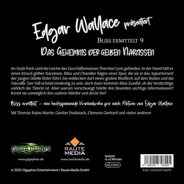 Buchcover mit deutschem Text. Titel ist "Das Geheimnis der gelben Narzissen".