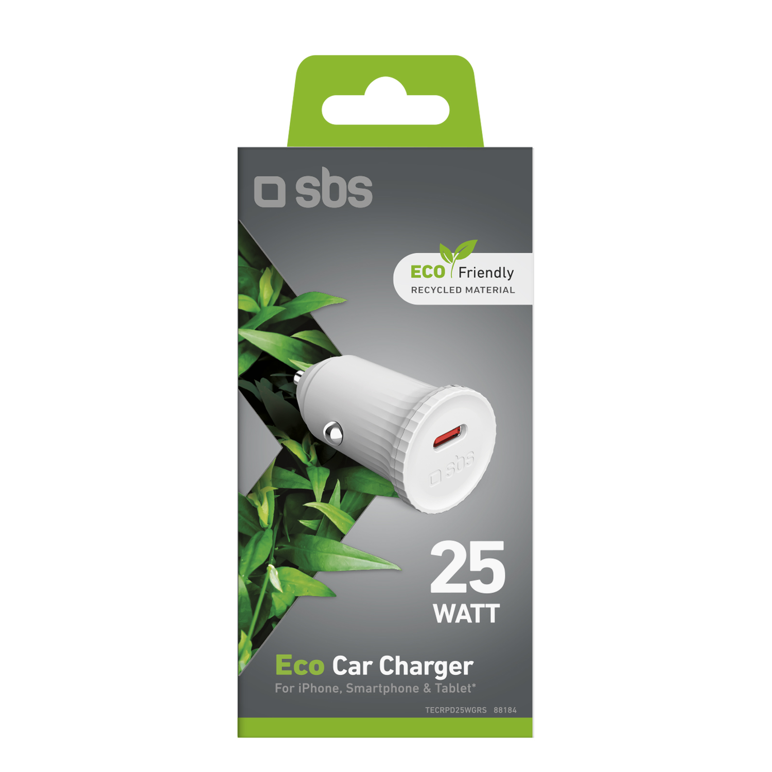 Un chargeur de voiture blanc avec un emballage vert et noir.