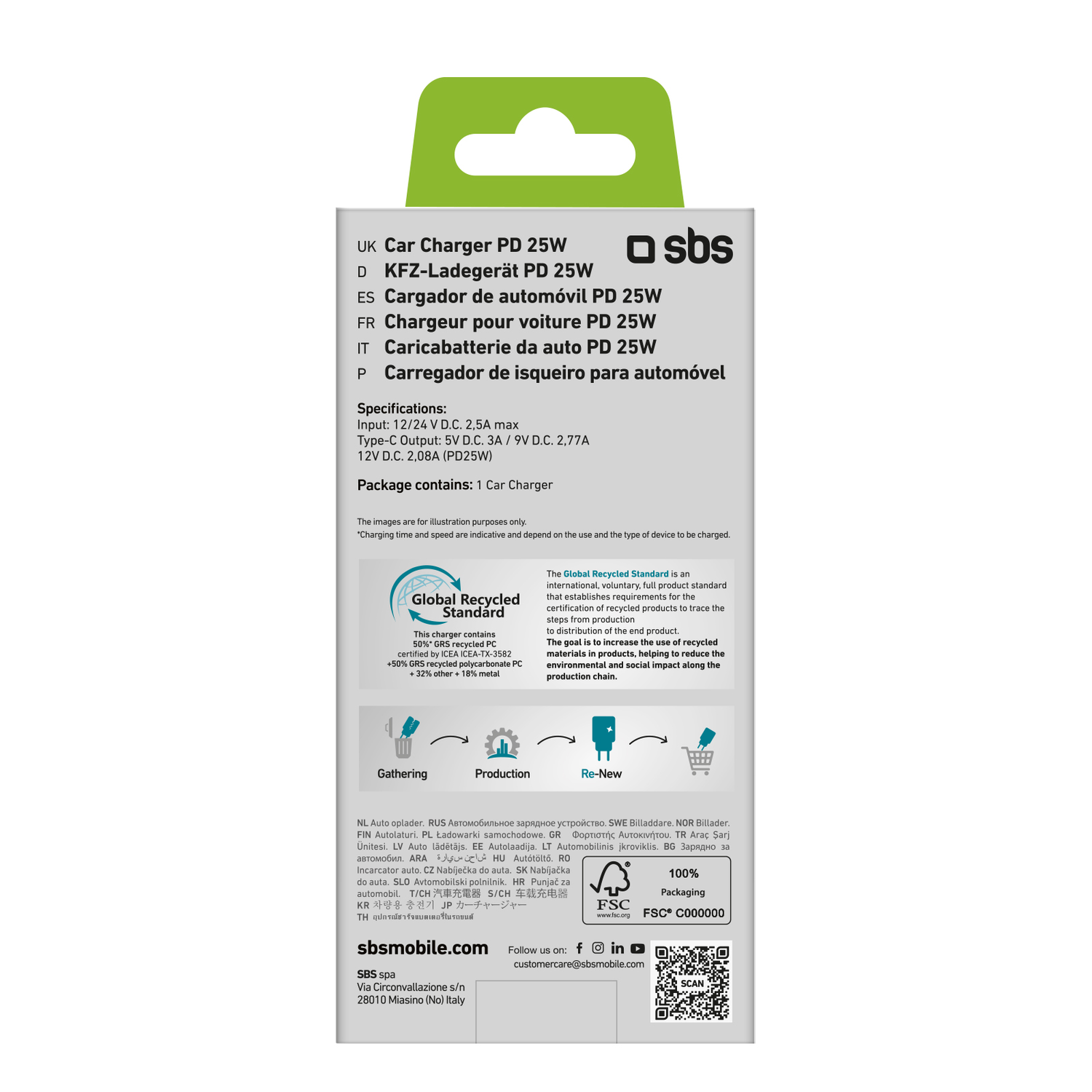 Emballage d'un chargeur de voiture avec instructions et spécifications. La marque est SBS.