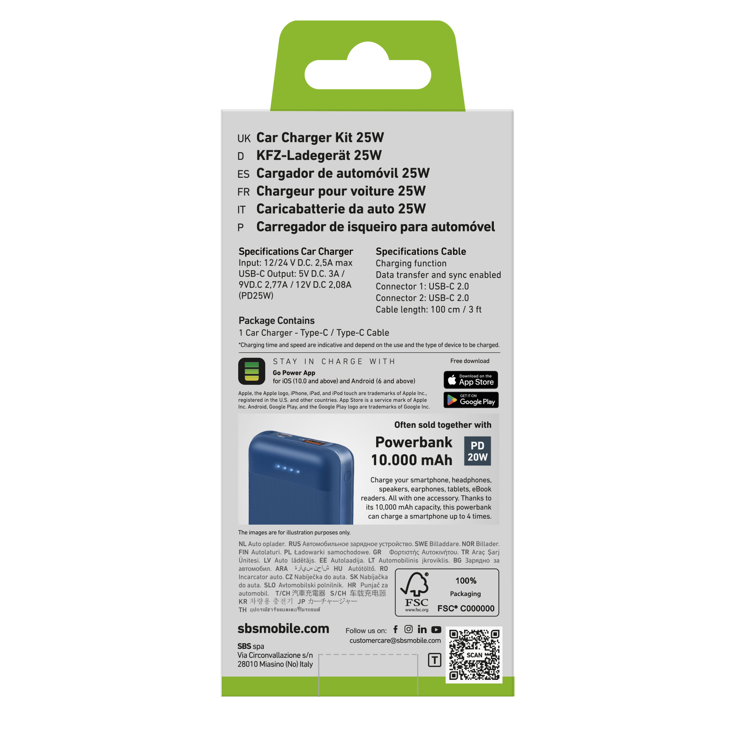 Emballage pour un chargeur de voiture et une batterie externe. Comprend du texte et un code QR.