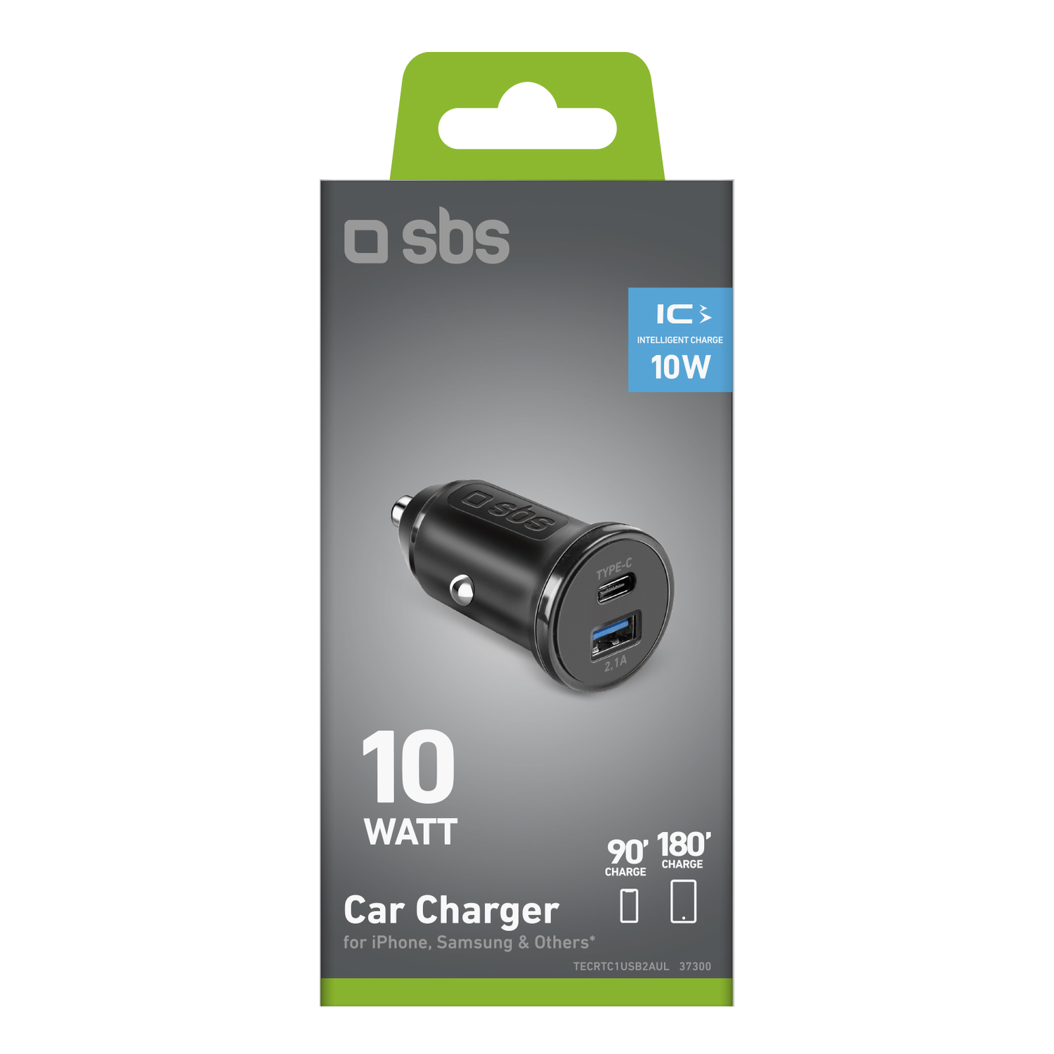 Black car charger box. It has 'sbs' logo, and a charger is visible. Text says '10 Watt Car Charger'.