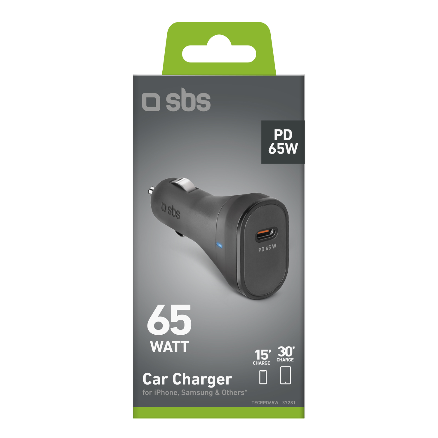 Chargeur de voiture dans une boîte. Le chargeur est noir, la boîte est grise et verte.