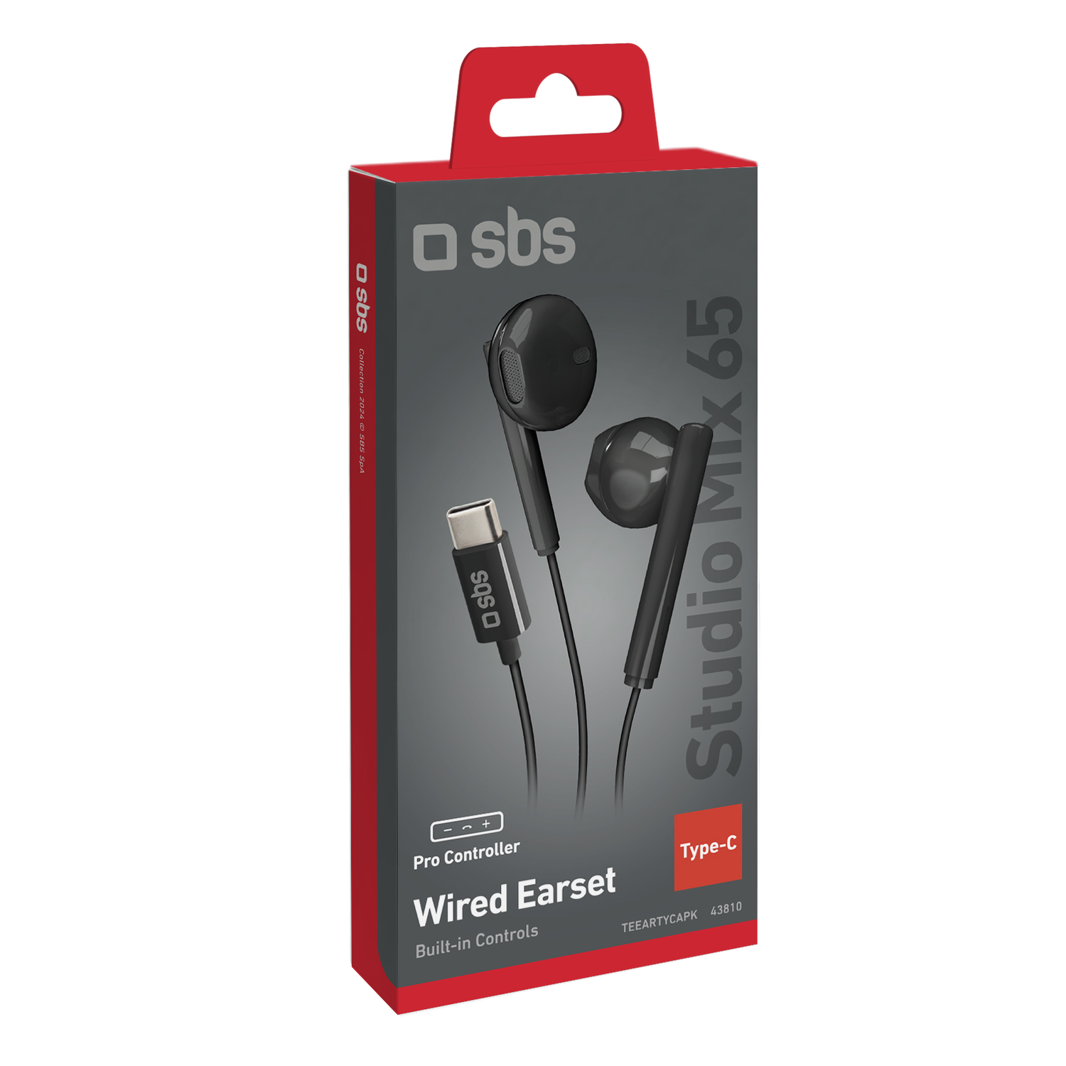 Een doos met zwarte bedrade oortelefoons met een Type-C connector en het merk SBS.