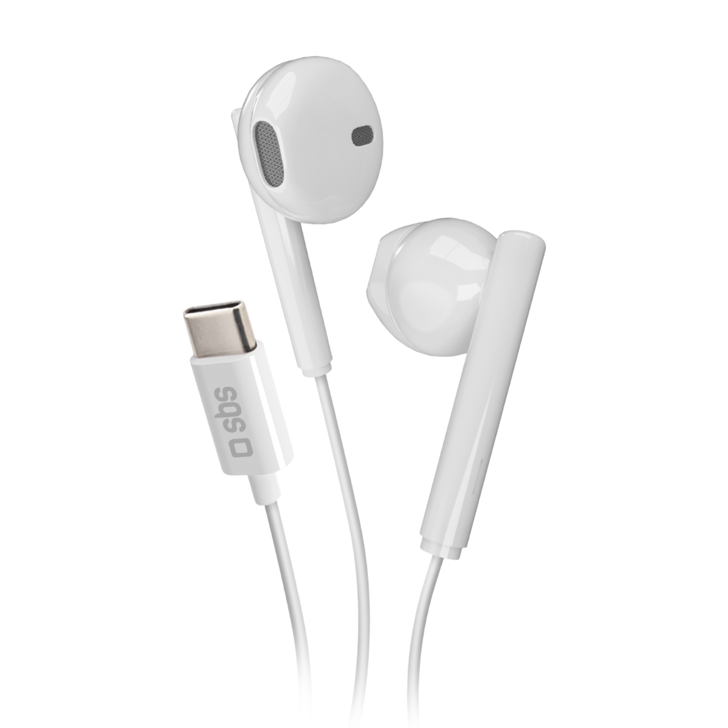 Écouteurs blancs avec un connecteur USB-C blanc, marque 'sbs'.