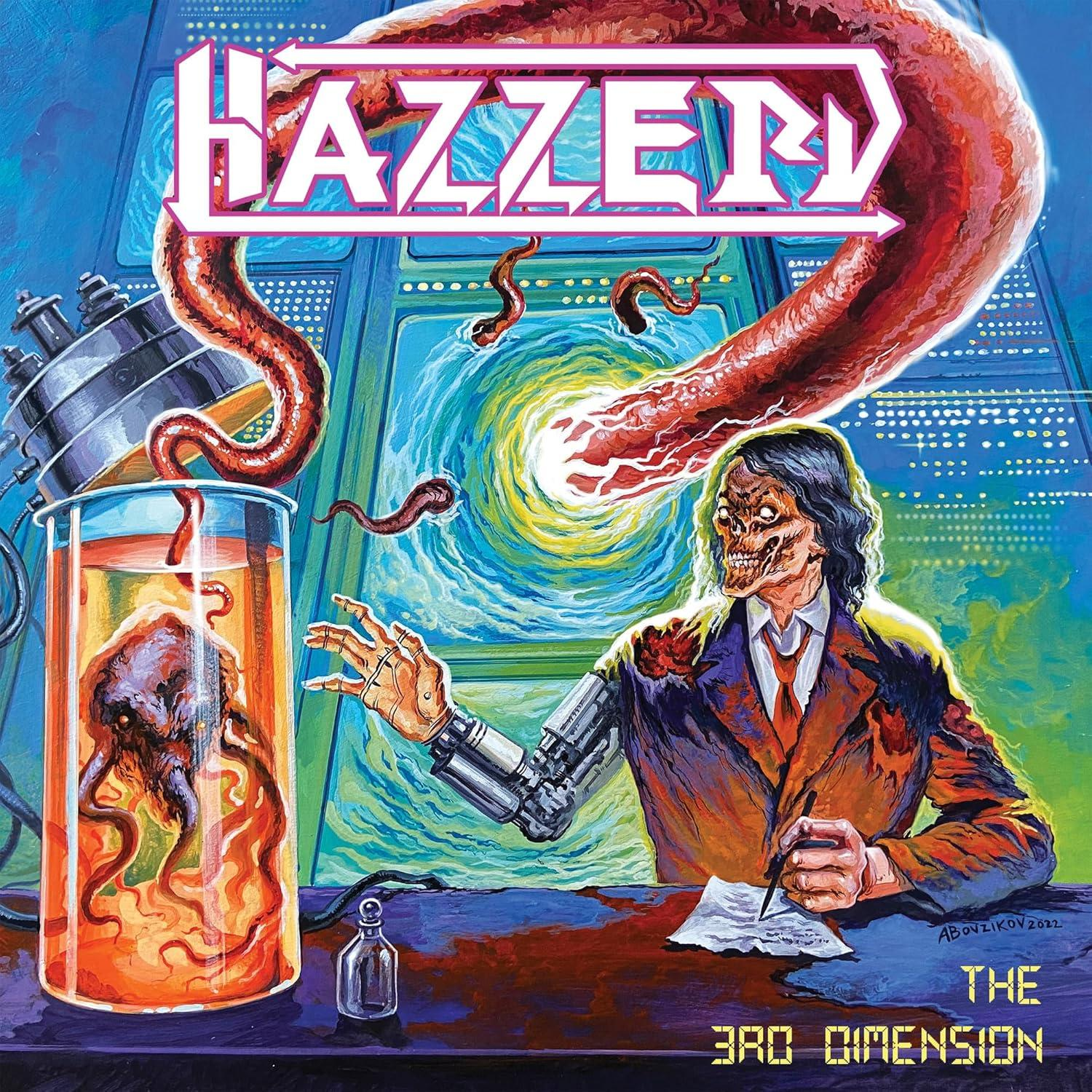 Albumcover. Ein Monster in einem Labor. Blutrote Tentakel treten aus einem Glasrohr hervor.