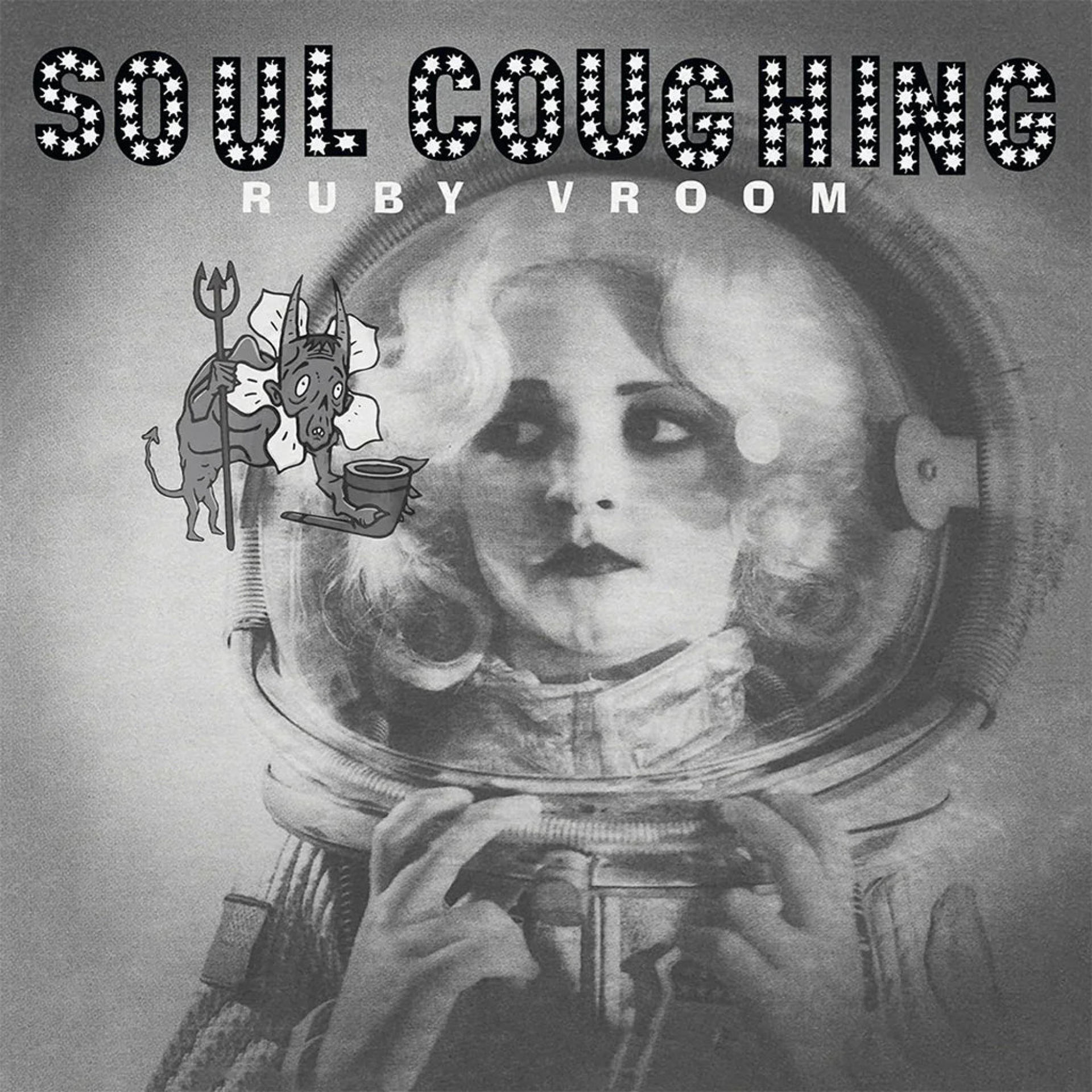 Albumcover mit einer Frau in einem Raumanzug und einem Teufel.