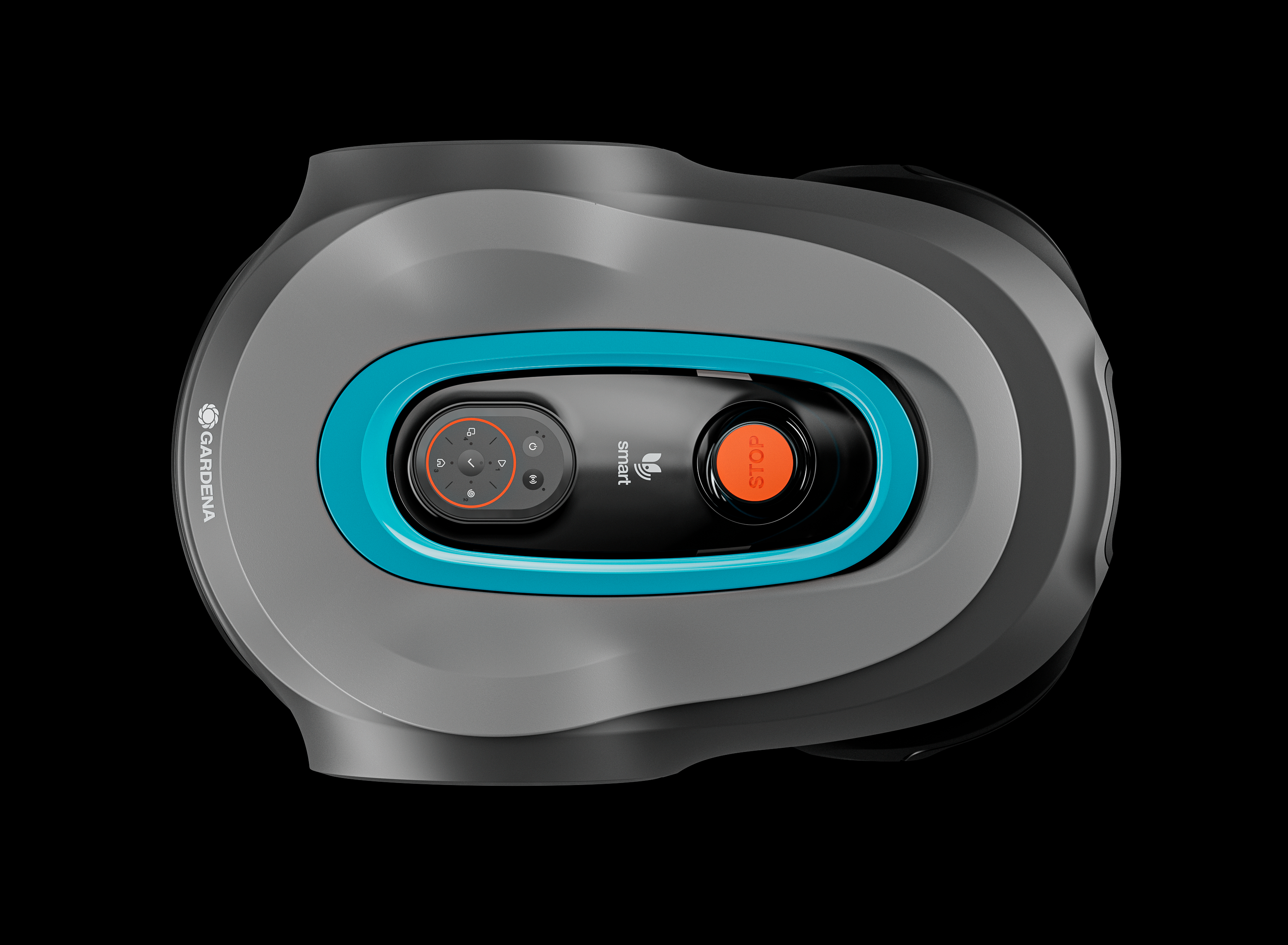 Roboter-Rasenmäher, Draufsicht, grau und schwarz mit blauem Zierrat und orangefarbenem Stoppknopf.