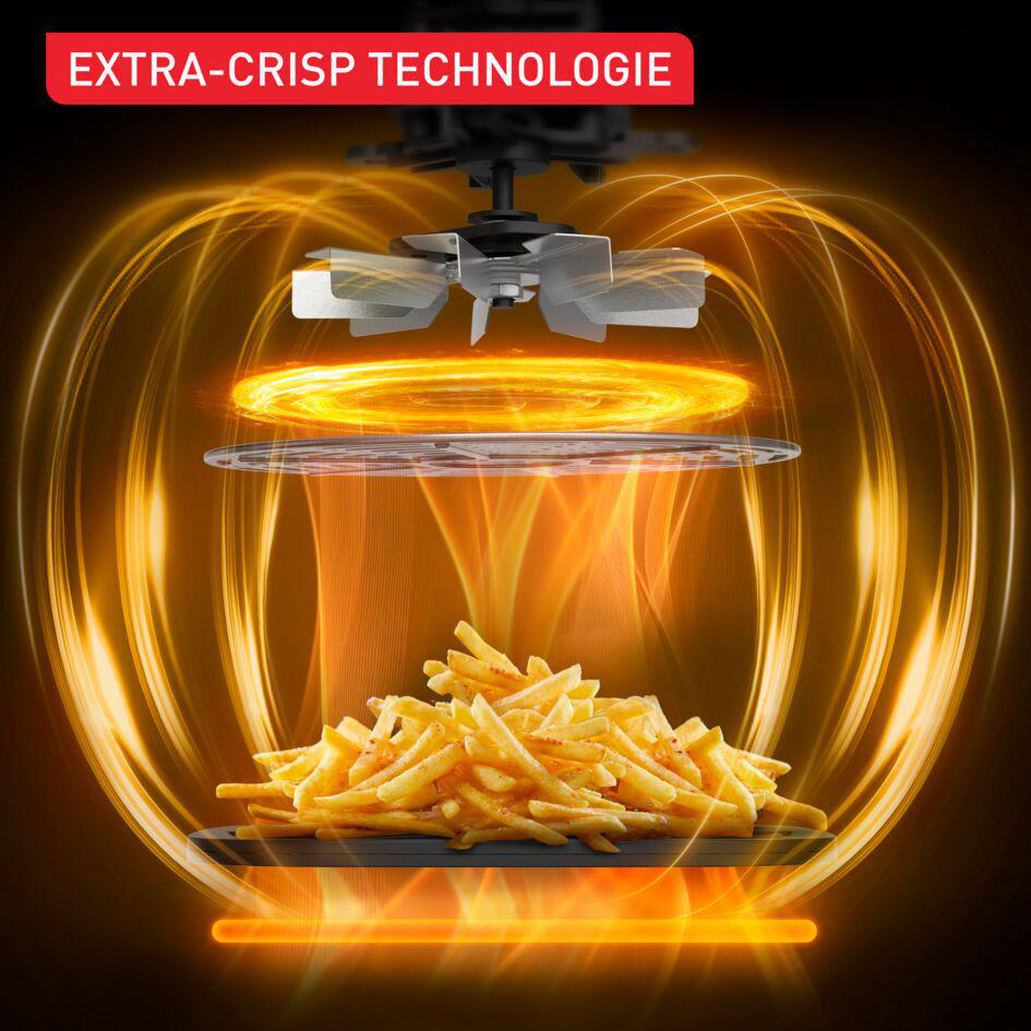 Heißluftfritteuse mit Pommes und Extra-Crisp-Technologie-Text, mit orangefarbenen Lichteffekten.