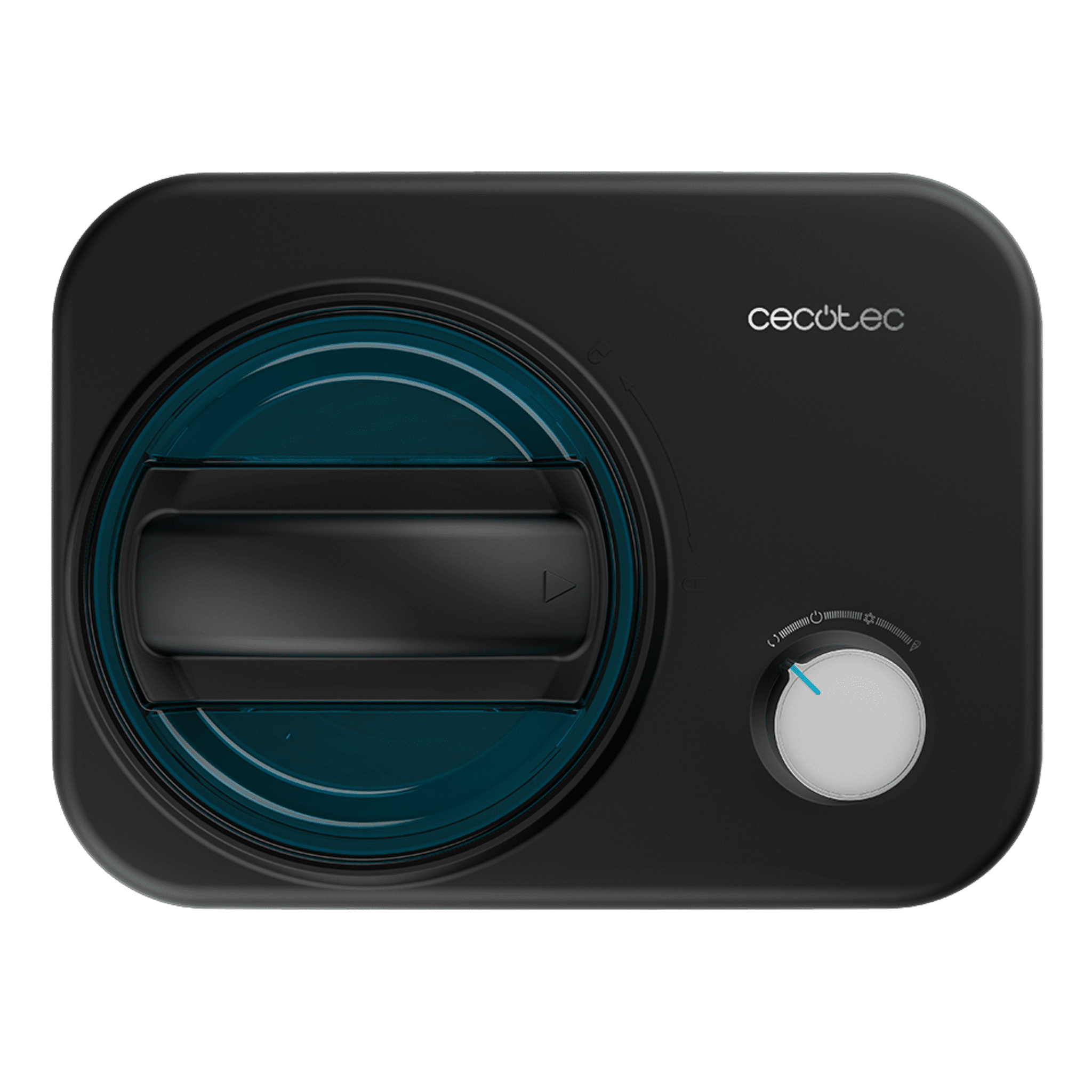 Electrodoméstico negro y azul con dial y asa.