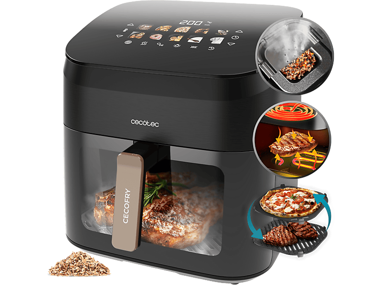 Cecotec Cecofry&Grill Smokin’ 8500, 2200W, 8.5L, 10 menús, Ahumador, 3en1, Pizza Maker, Doble resistencia, Incluye chips madera