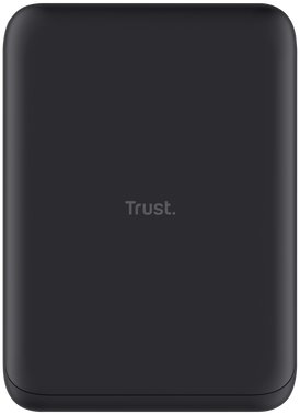 Egy fekete power bank USB portokkal és ikonokkal.