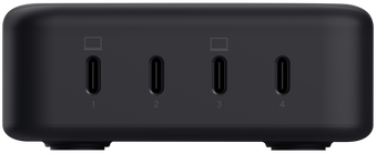 Egy fekete hub négy USB-C porttal. A portok 1, 2, 3 és 4 számmal vannak számozva.