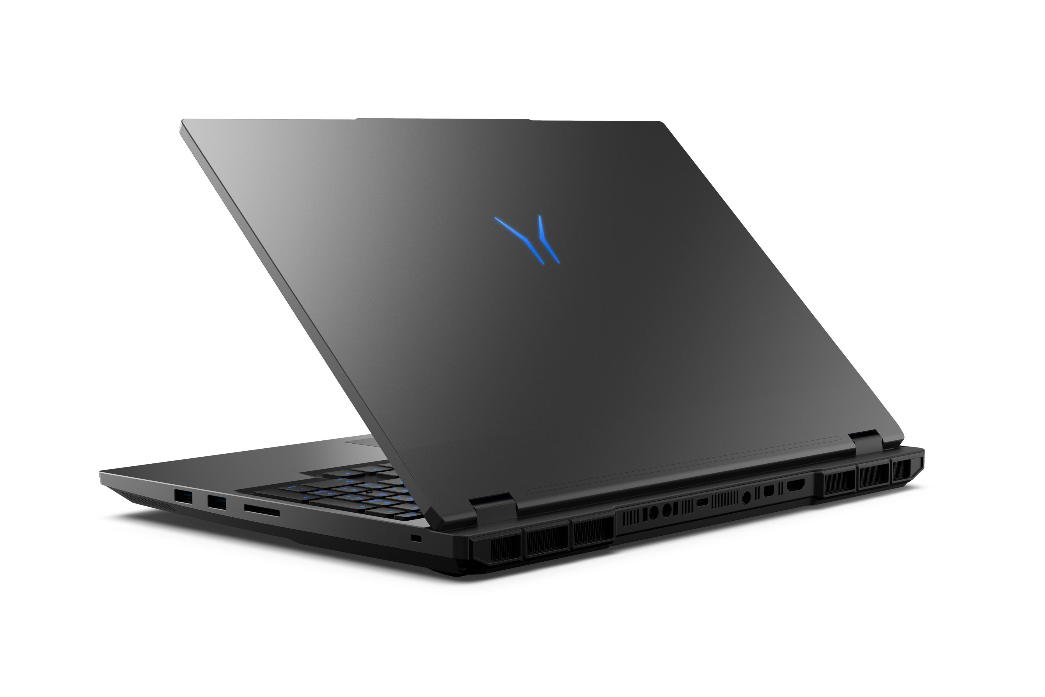 Ein schwarzer Laptop mit einem silbernen Logo auf der Rückseite. Der Bildschirm ist geöffnet.