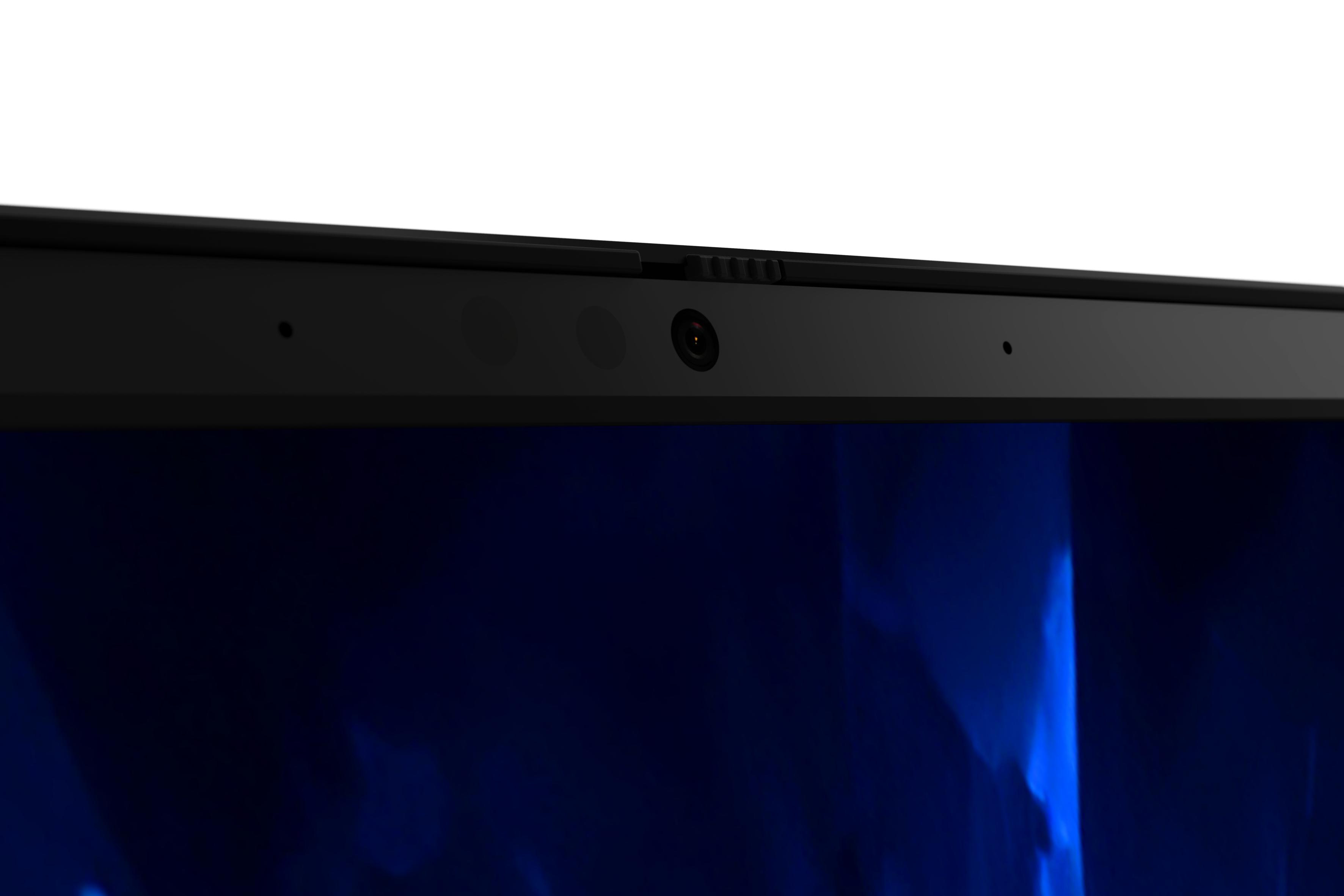 Nahaufnahme einer Laptop-Webcam und des oberen Rahmens. Schwarze Farbe. Blauer Farbverlauf.