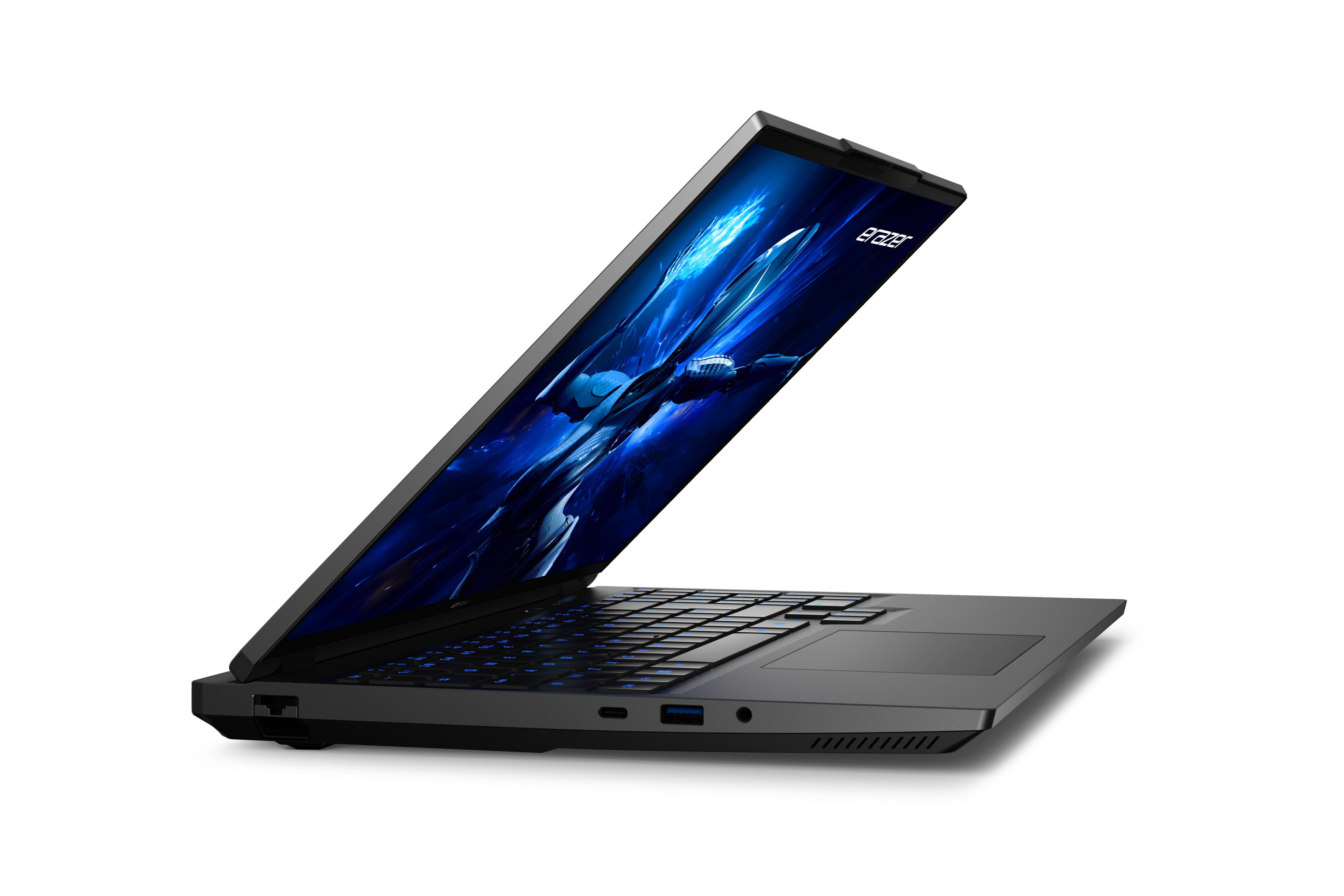 Schwarzer Laptop, geöffnet, zeigt einen beleuchteten Bildschirm mit blau-weißer Grafik.